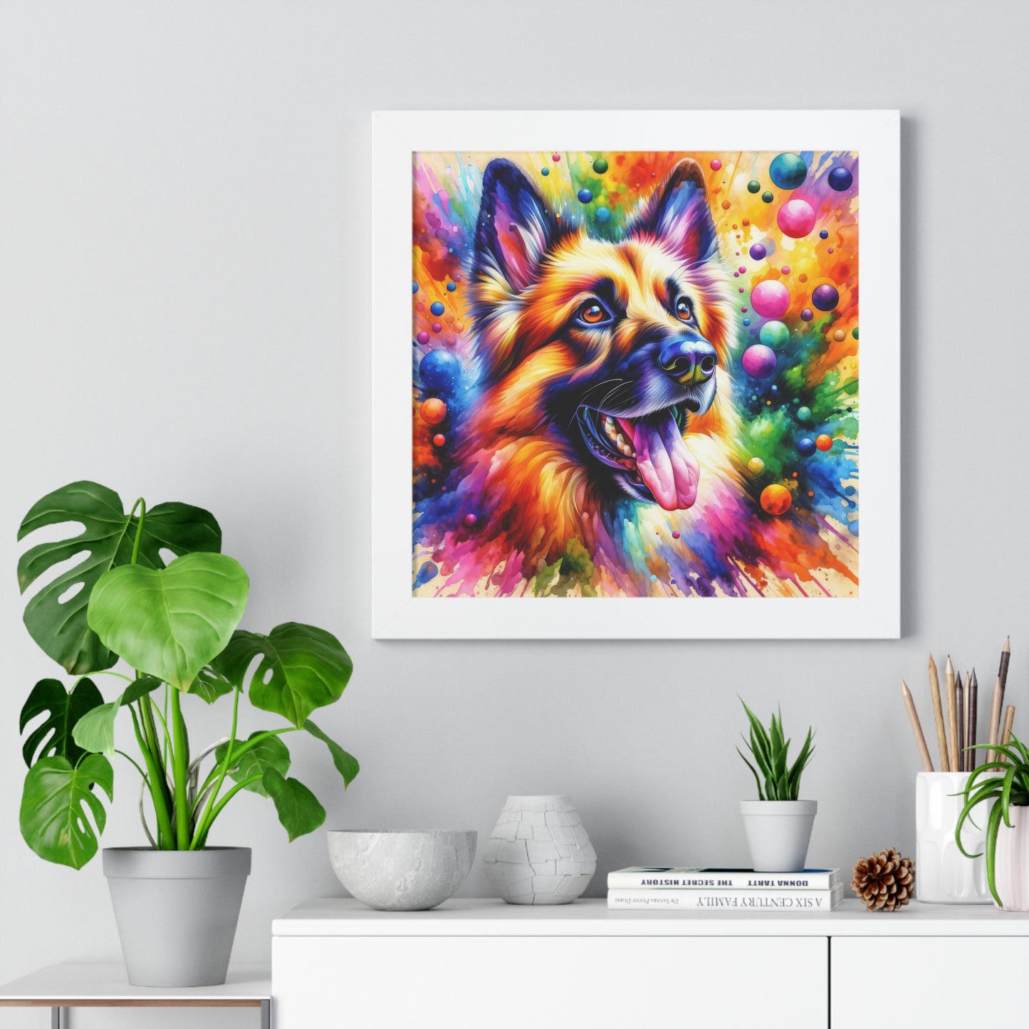 German Shepherd in Watercolor Framed Poster Painting 16x16