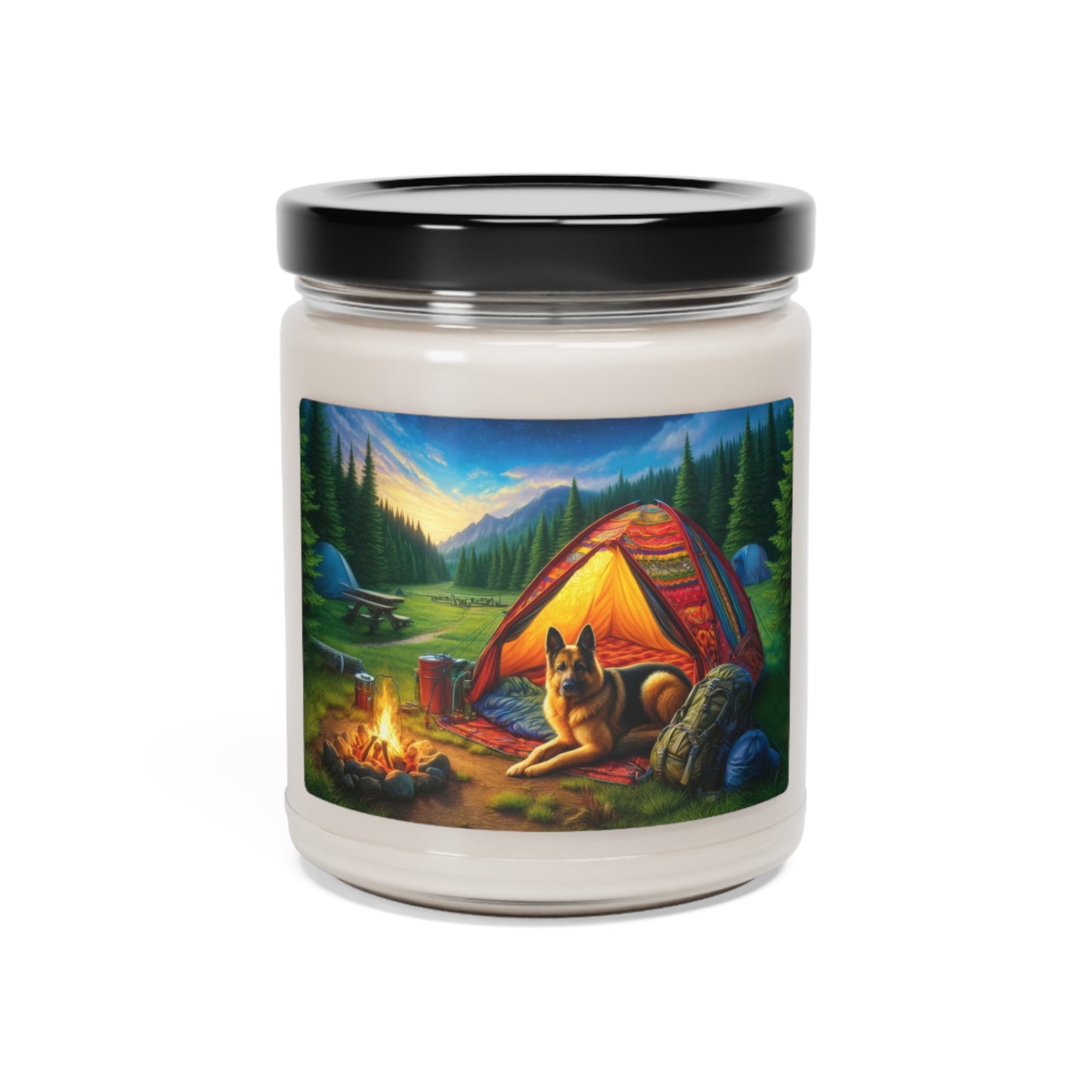 German Shepherd Camping Scented Soy Candle, 9oz