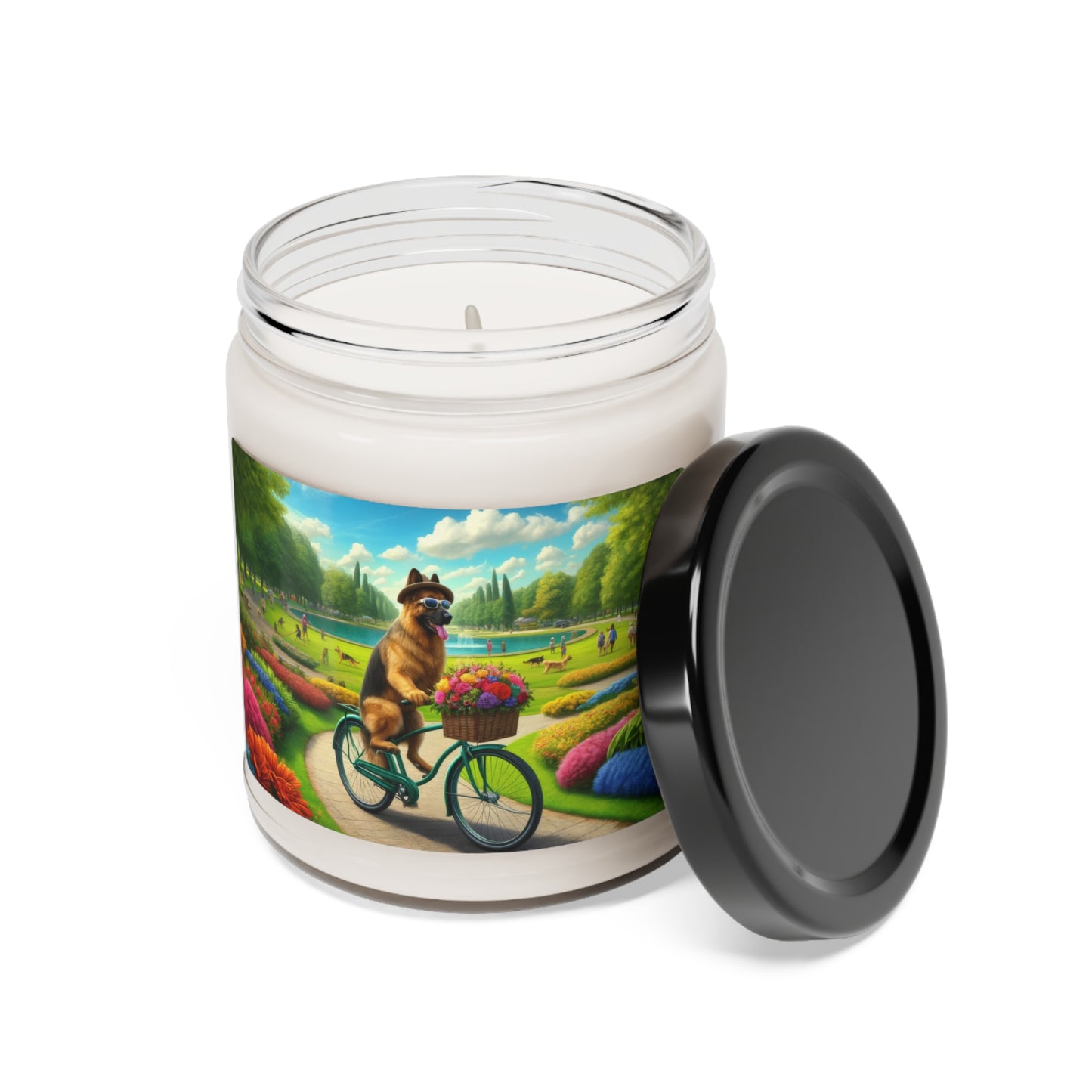 German Shepherd Riding a Bicycle Scented Soy Candle, 9oz