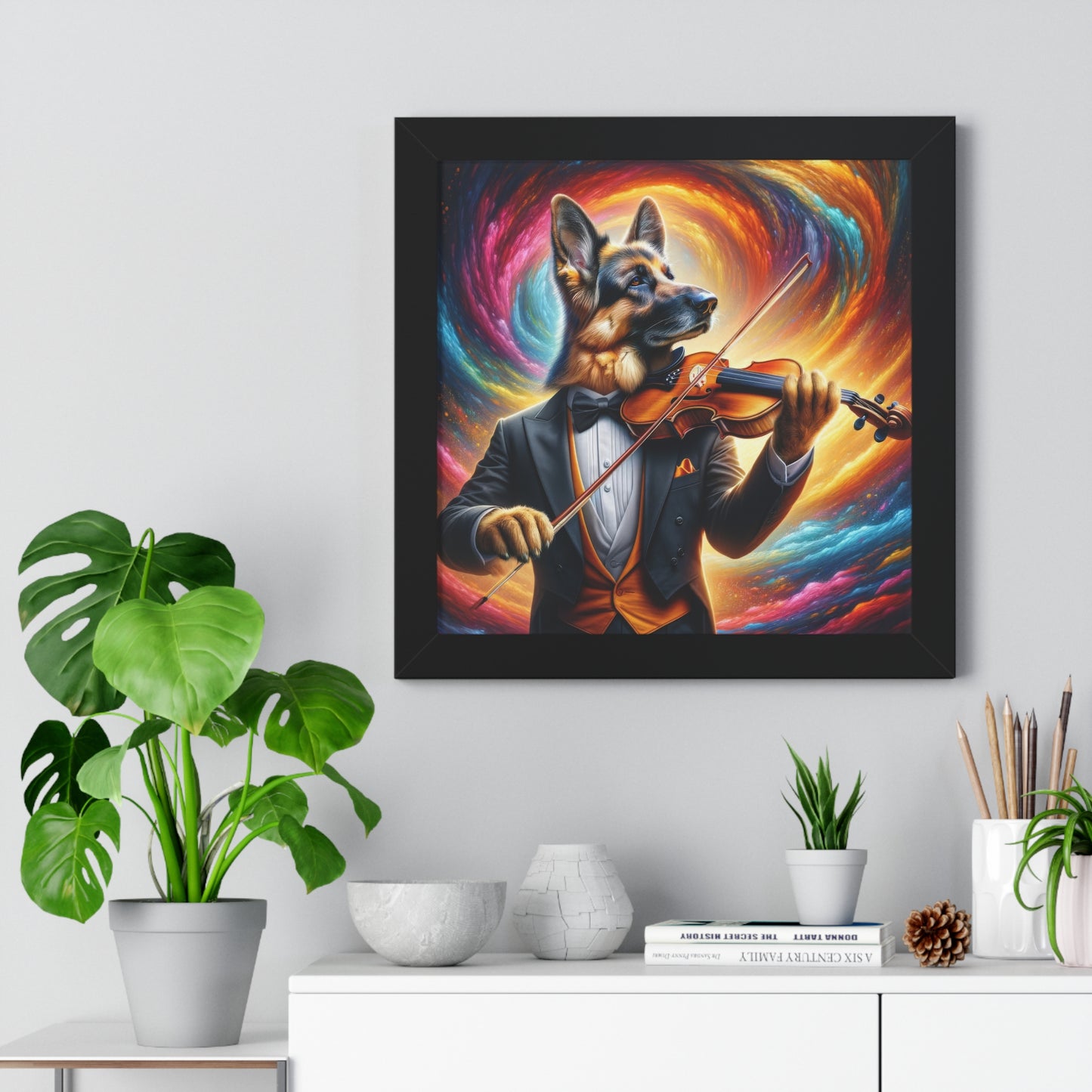 German Shepherd Playing the Violin Framed Poster Painting 16x16