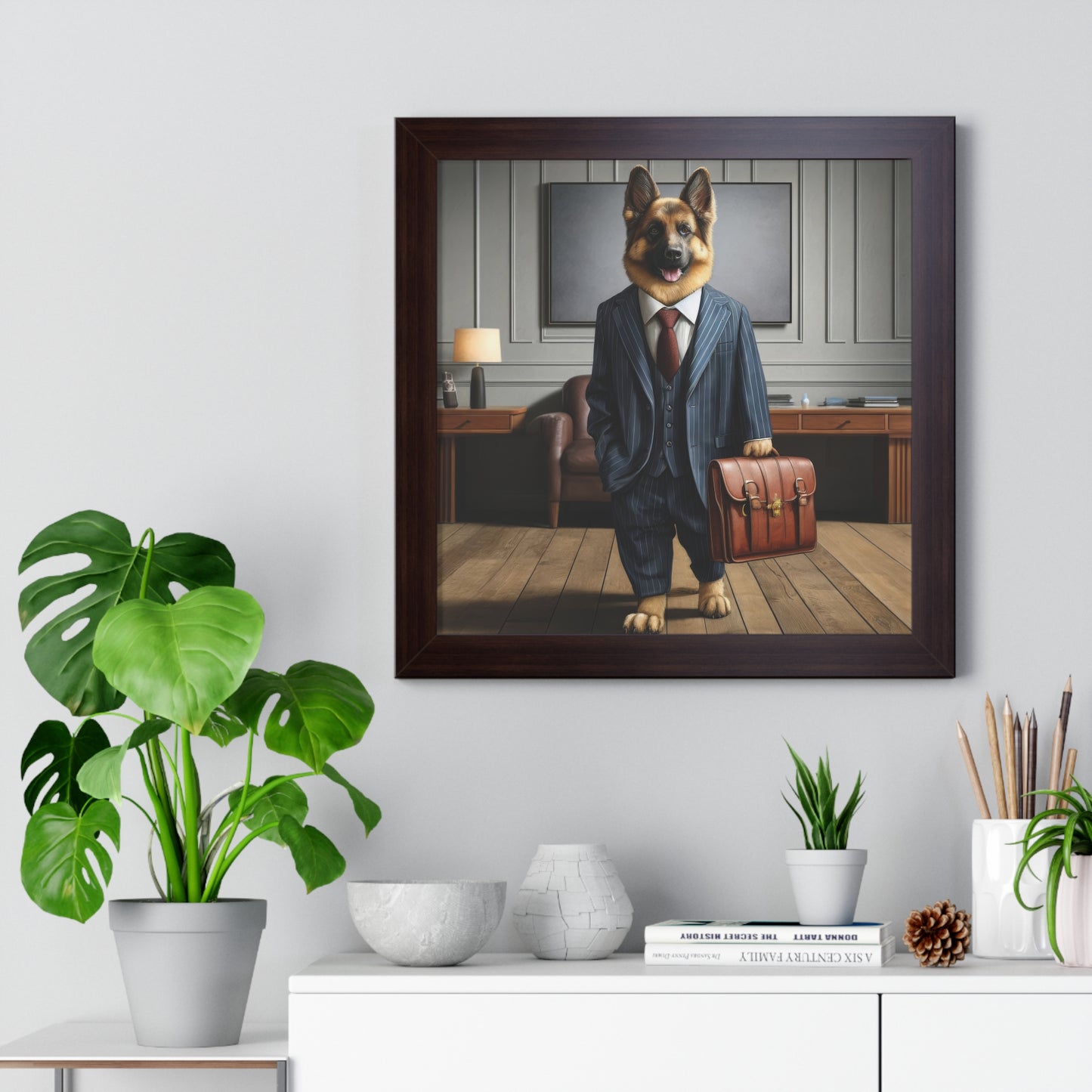 German Shepherd Wearing a Business Suit Framed Poster Painting 16x16