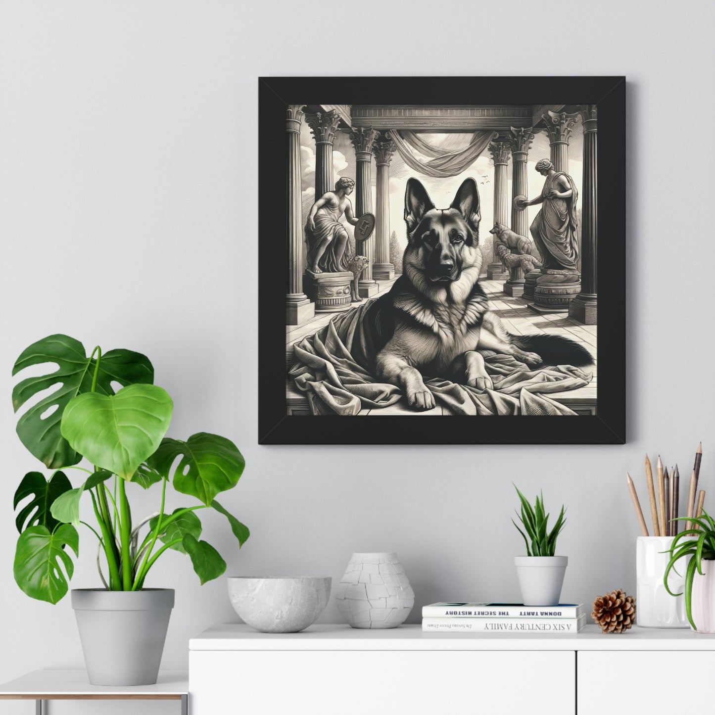 Etching and greco-roman German Shepherd Framed Poster Painting 16x16