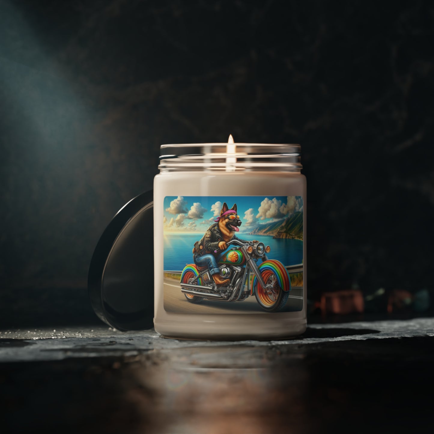 German Shepherd Riding a Motorcycle Scented Soy Candle, 9oz