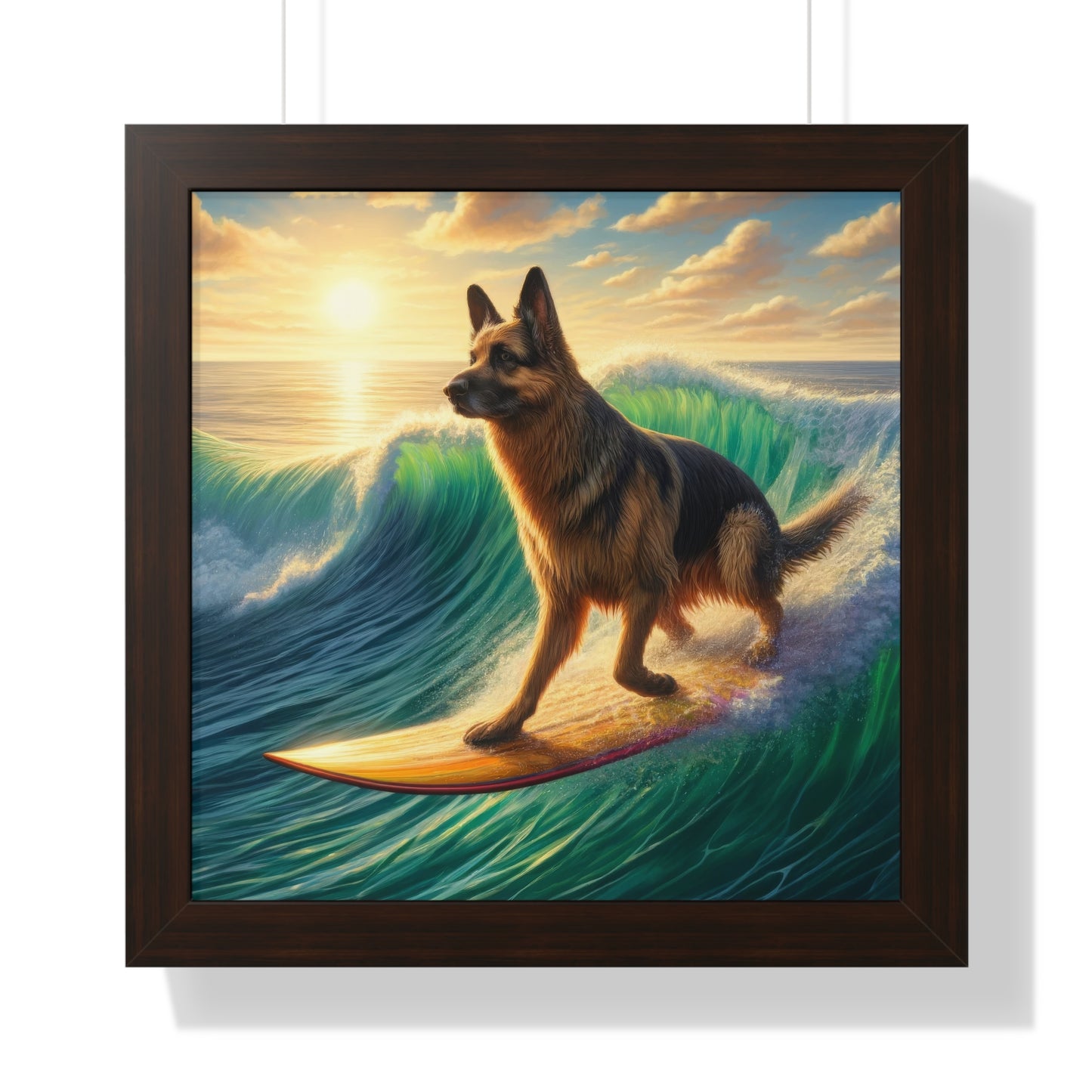 German Shepherd Surfing Framed Poster Painting 16x16