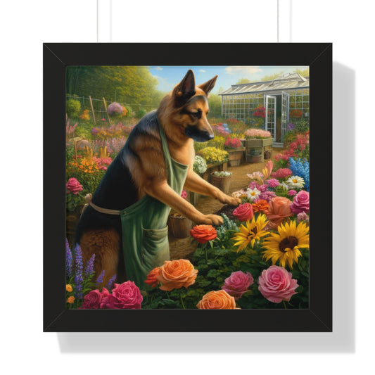 German Shepherd Gardening Framed Poster Painting 16x16