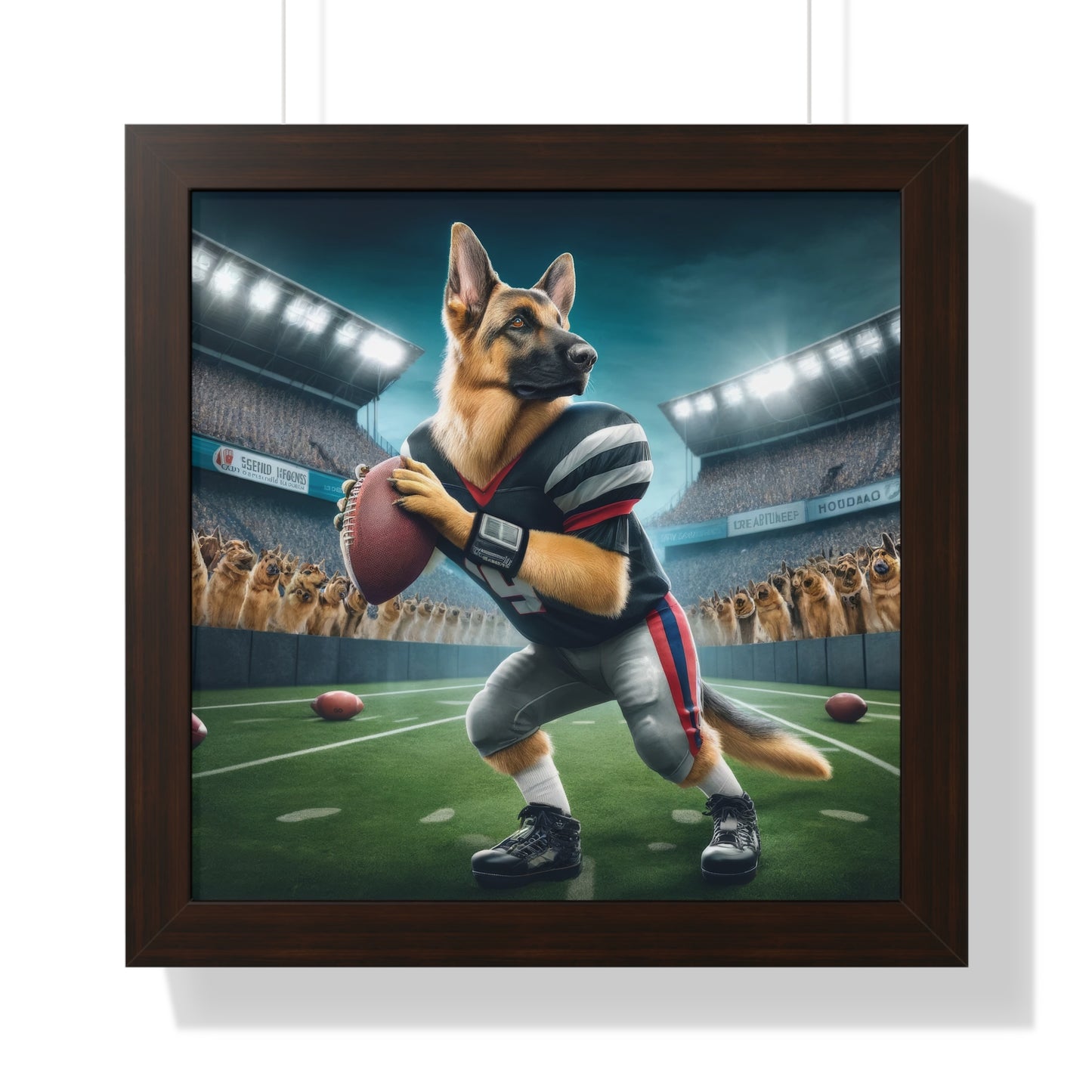 German Shepherd Playing Football Framed Poster Painting 16x16