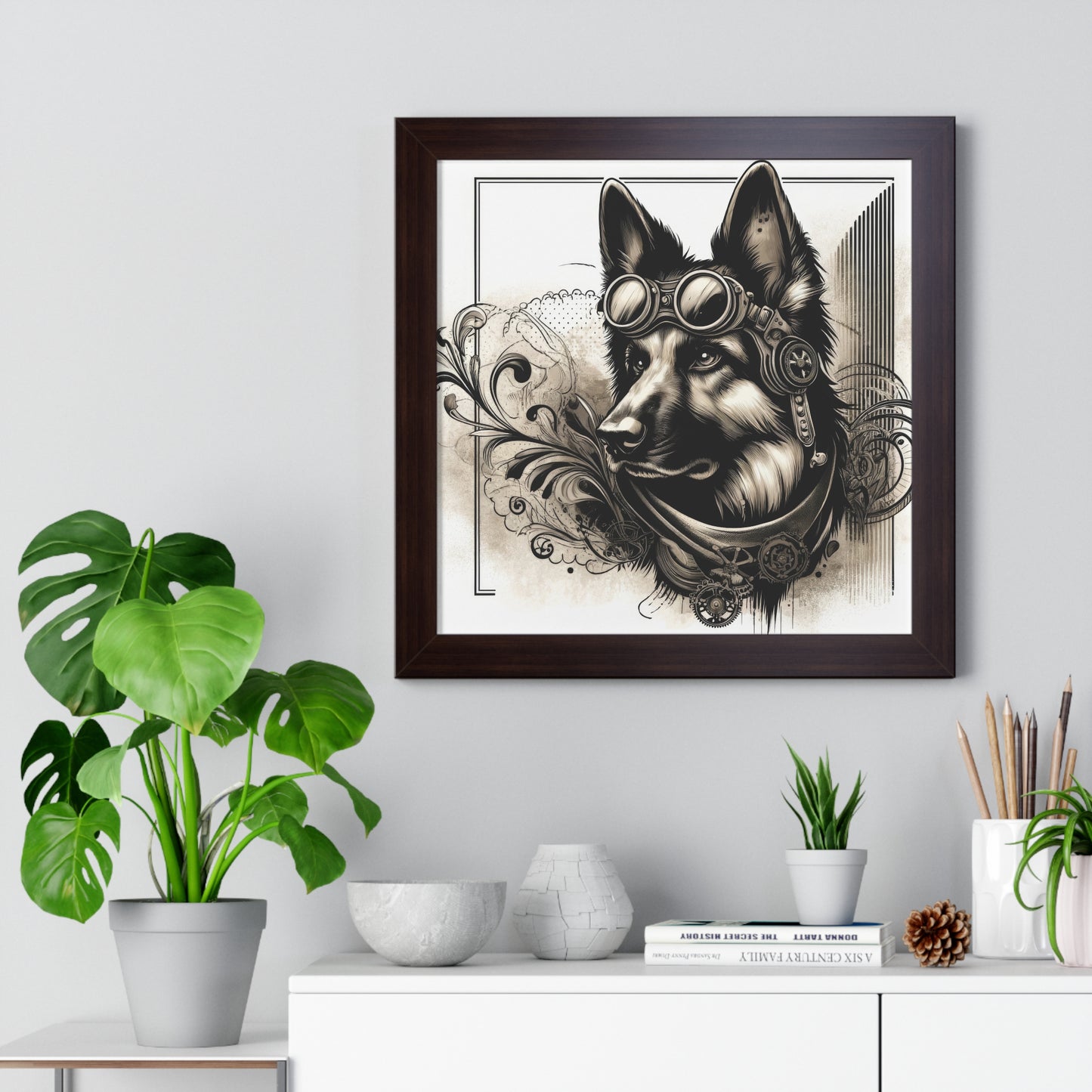 Steampunk German Shepherd Framed Poster Painting 16x16