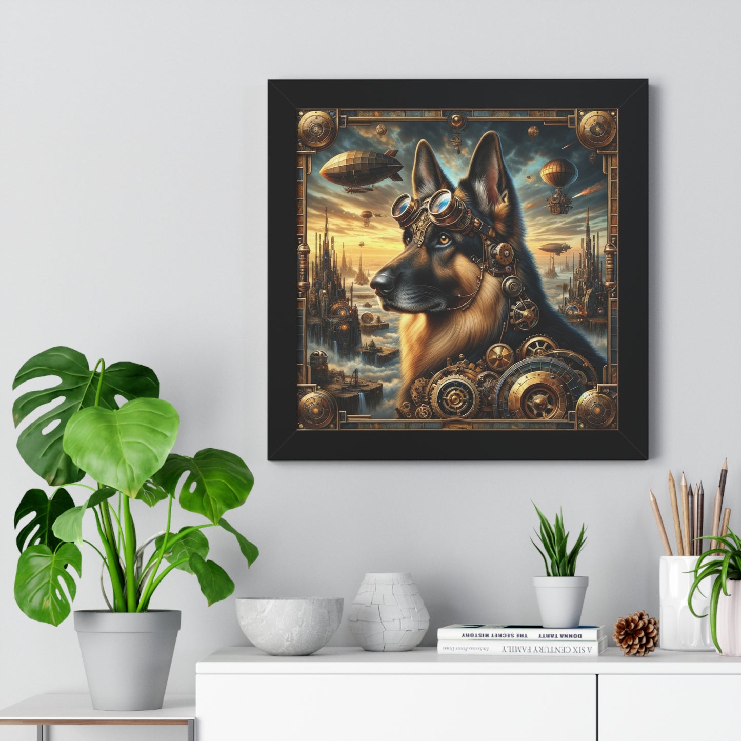 Steampunk Fantasy German Shepherd Framed Poster Painting 16x16