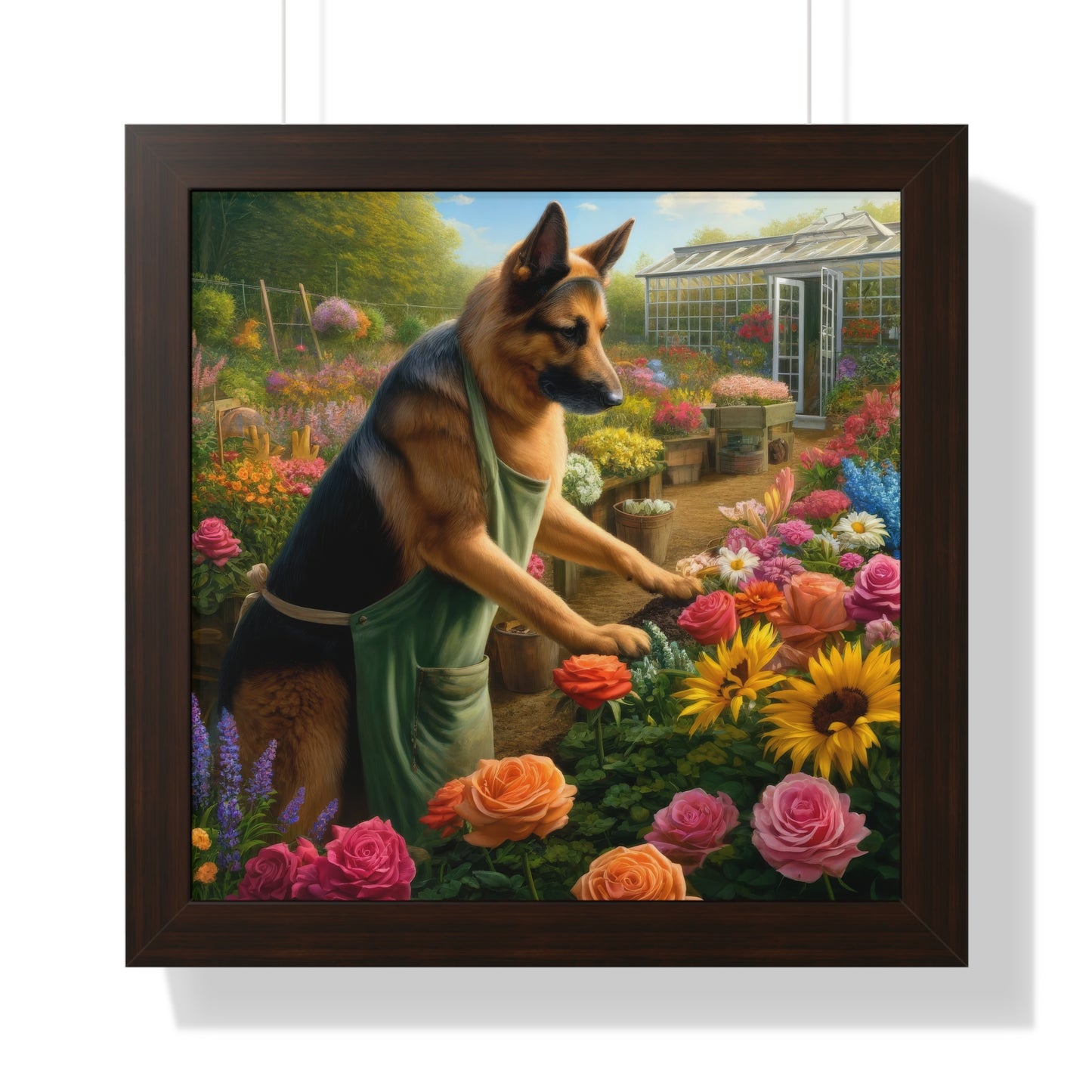 German Shepherd Gardening Framed Poster Painting 16x16