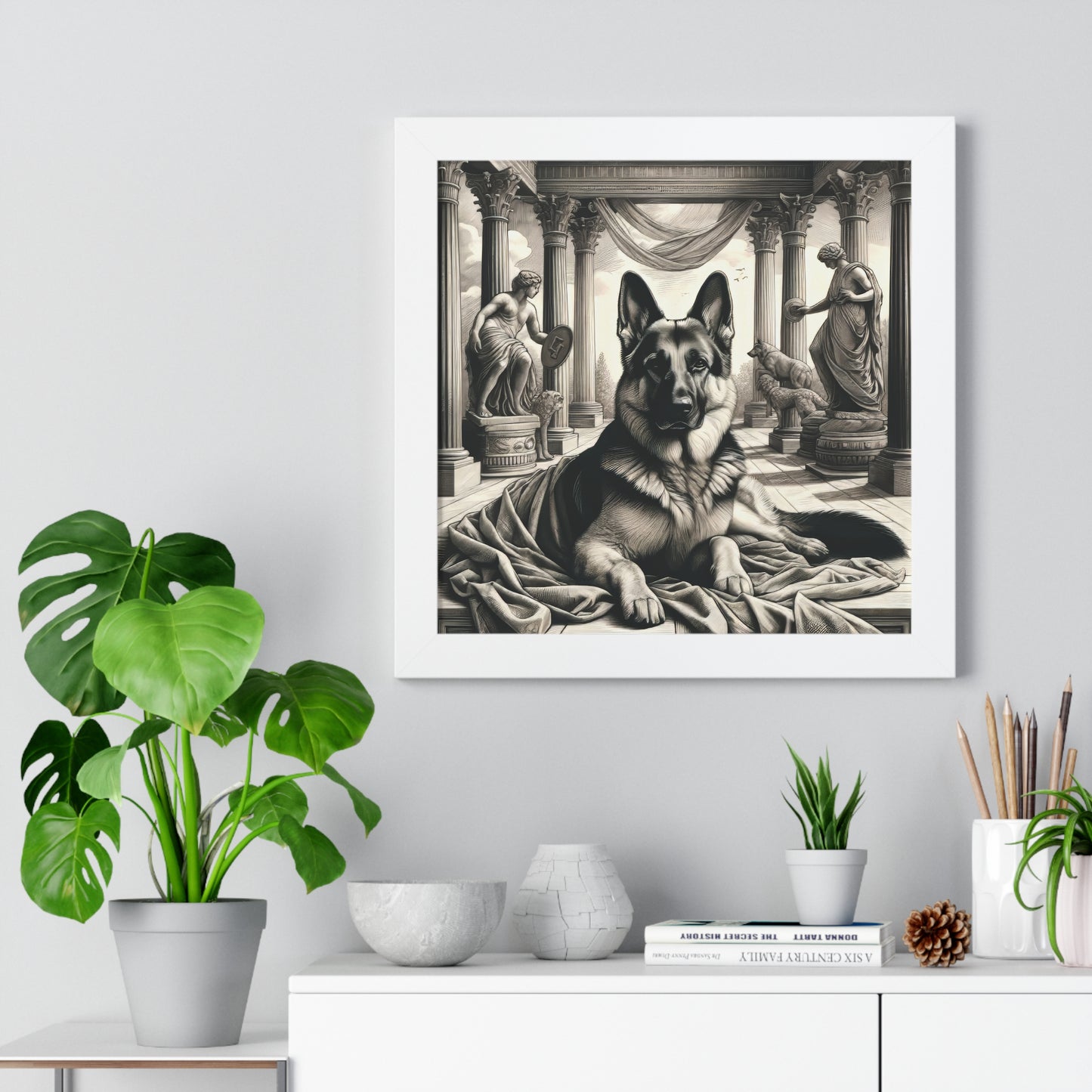 Etching and greco-roman German Shepherd Framed Poster Painting 16x16