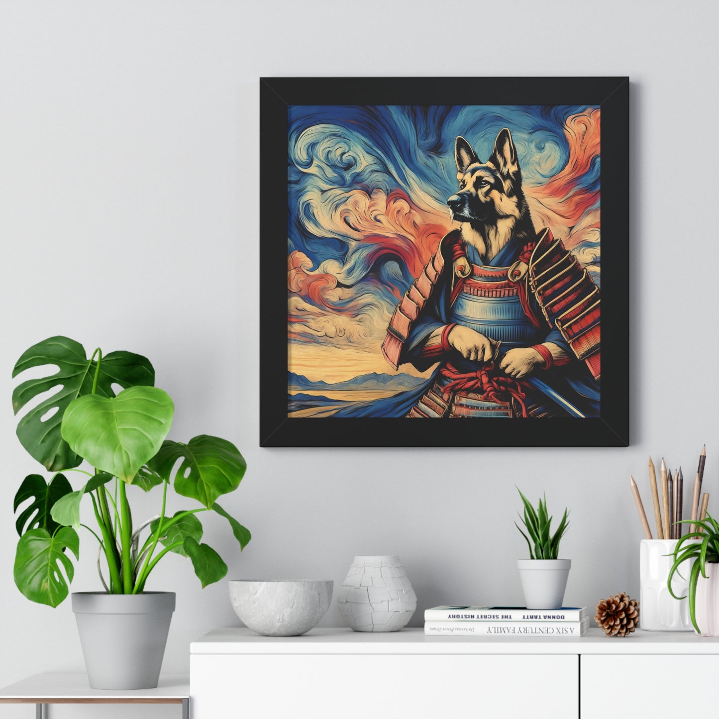 Samurai German Shepherd Framed Poster Painting 16x16