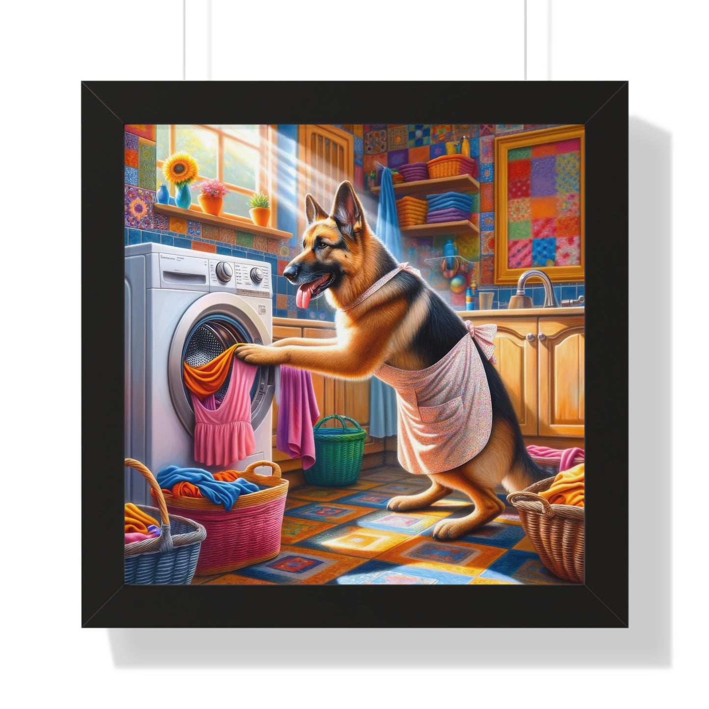 German Shepherd Doing Laundry Framed Poster Painting 16x16