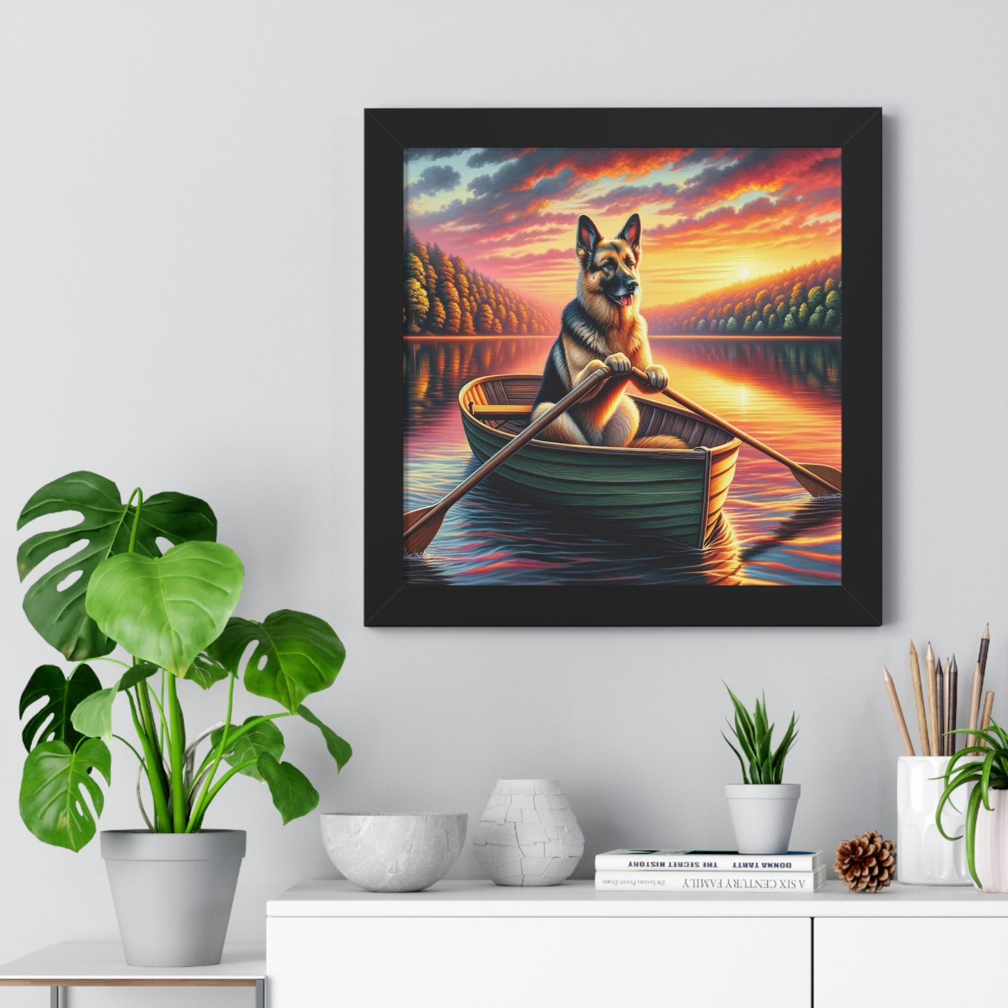 German Shepherd Rowing a boat Framed Poster Painting 16x16