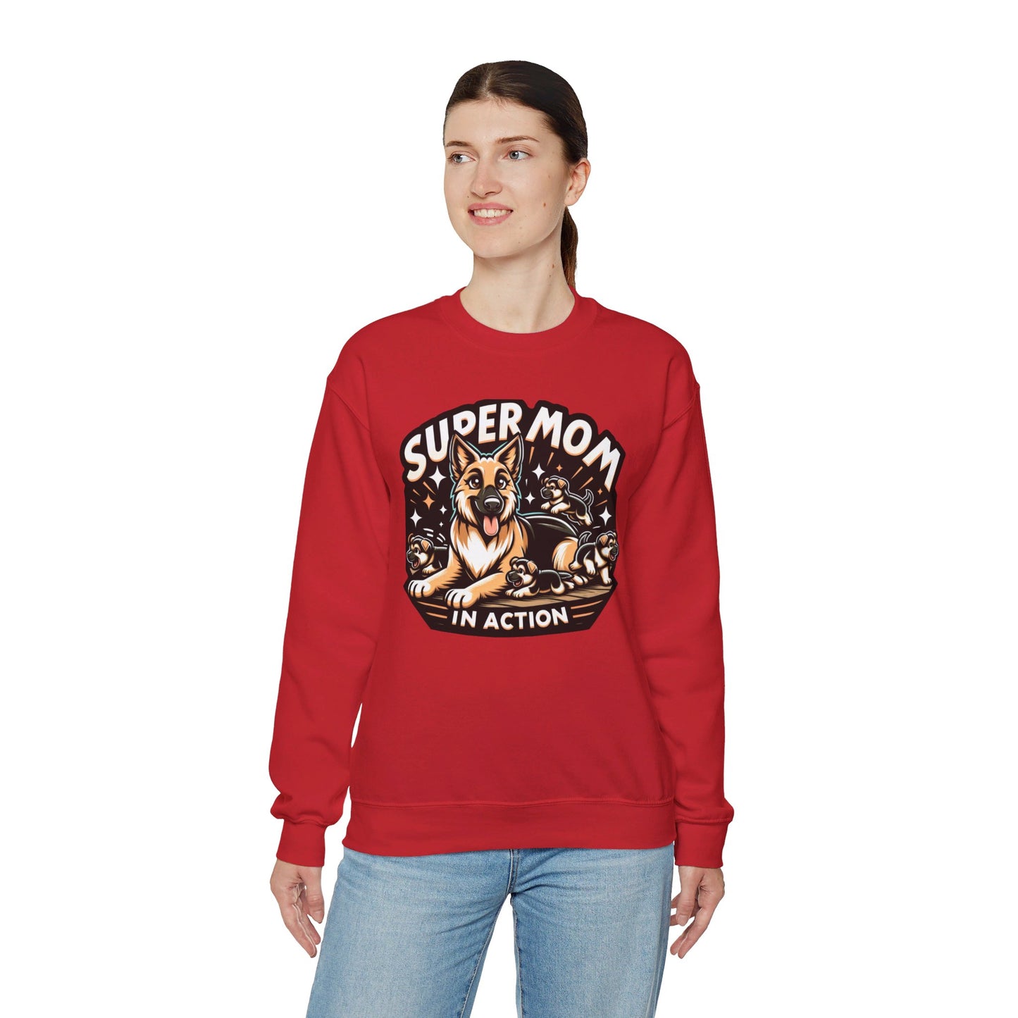 Super Mom in Action Sweatshirt (10 colors) (German Shepherd)