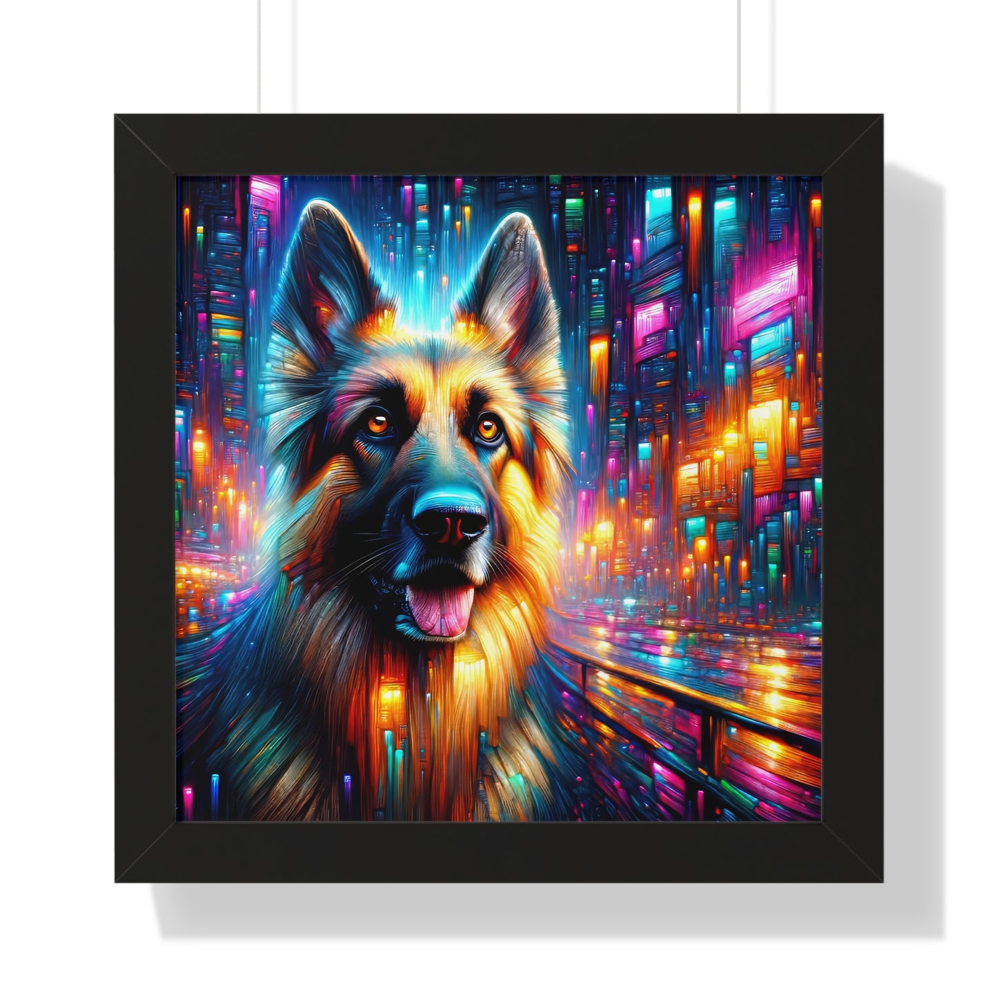 Neon light German Shepherd Framed Poster Painting 16x16