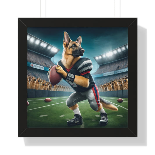 German Shepherd Playing Football Framed Poster Painting 16x16