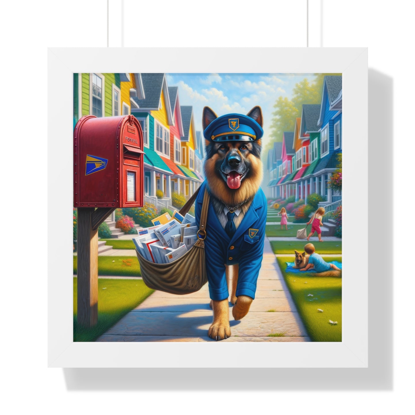 German Shepherd Delivering Mail Framed Poster Painting 16x16