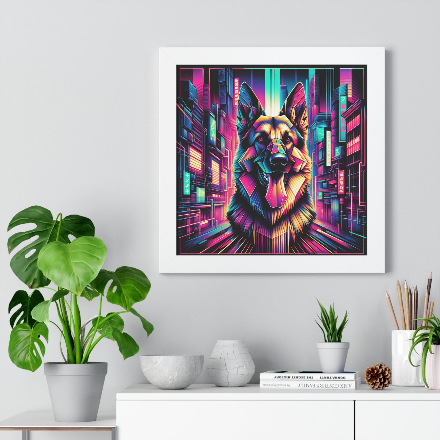 Glitch art German Shepherd Framed Poster Painting 16x16