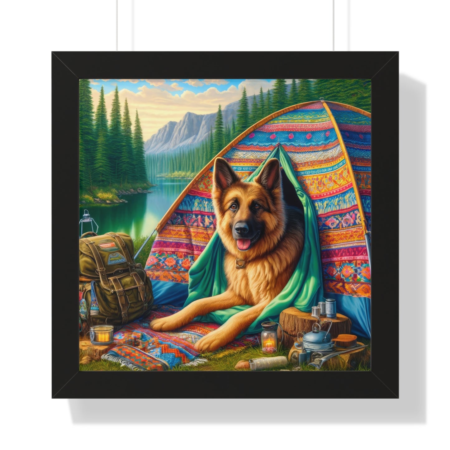 German Shepherd Camping  Framed Poster Painting 16x16