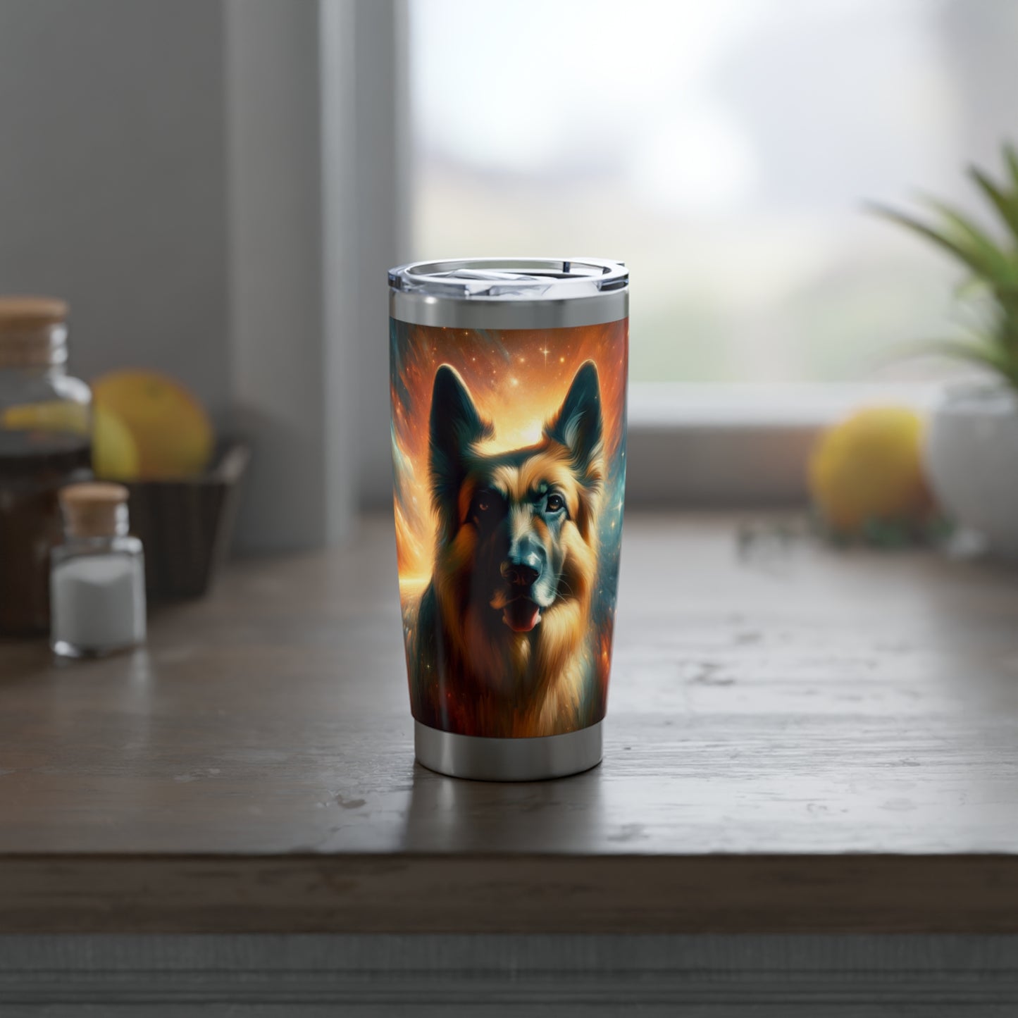 Sci-fi and stars-themed German Shepherd 20oz Tumbler