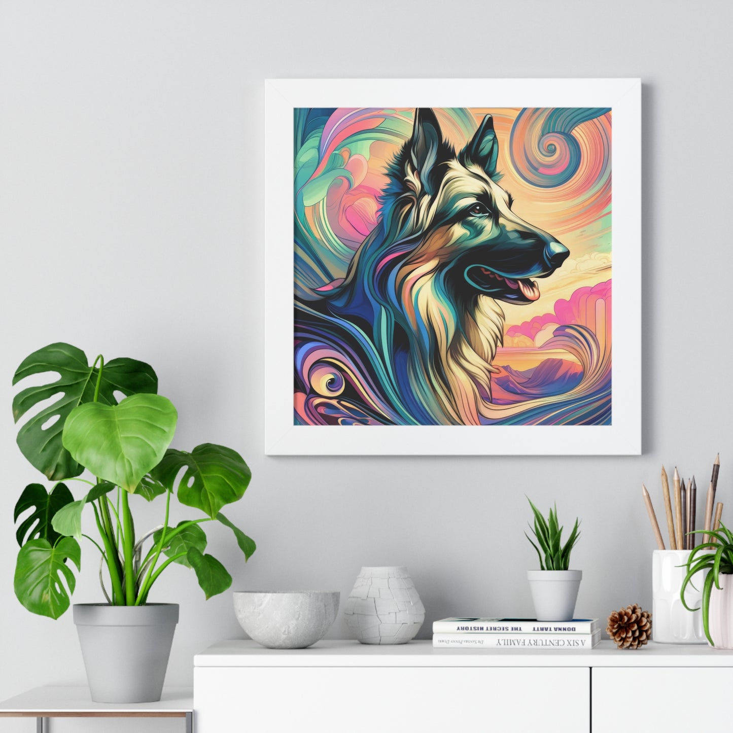 Art nouveau and vaporwave German Shepherd Framed Poster Painting 16x16