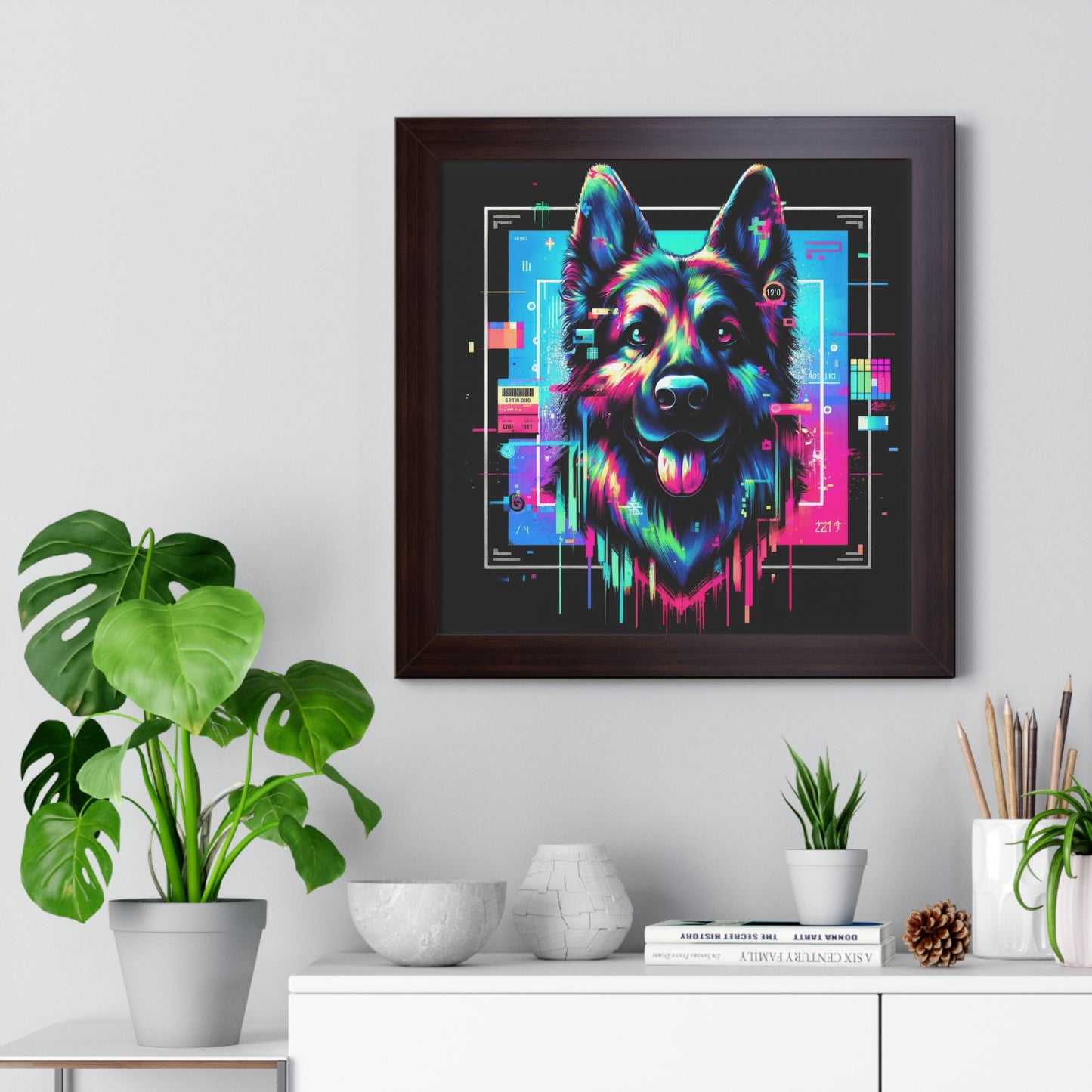 Neon graffiti German Shepherd Framed Poster Painting 16x16