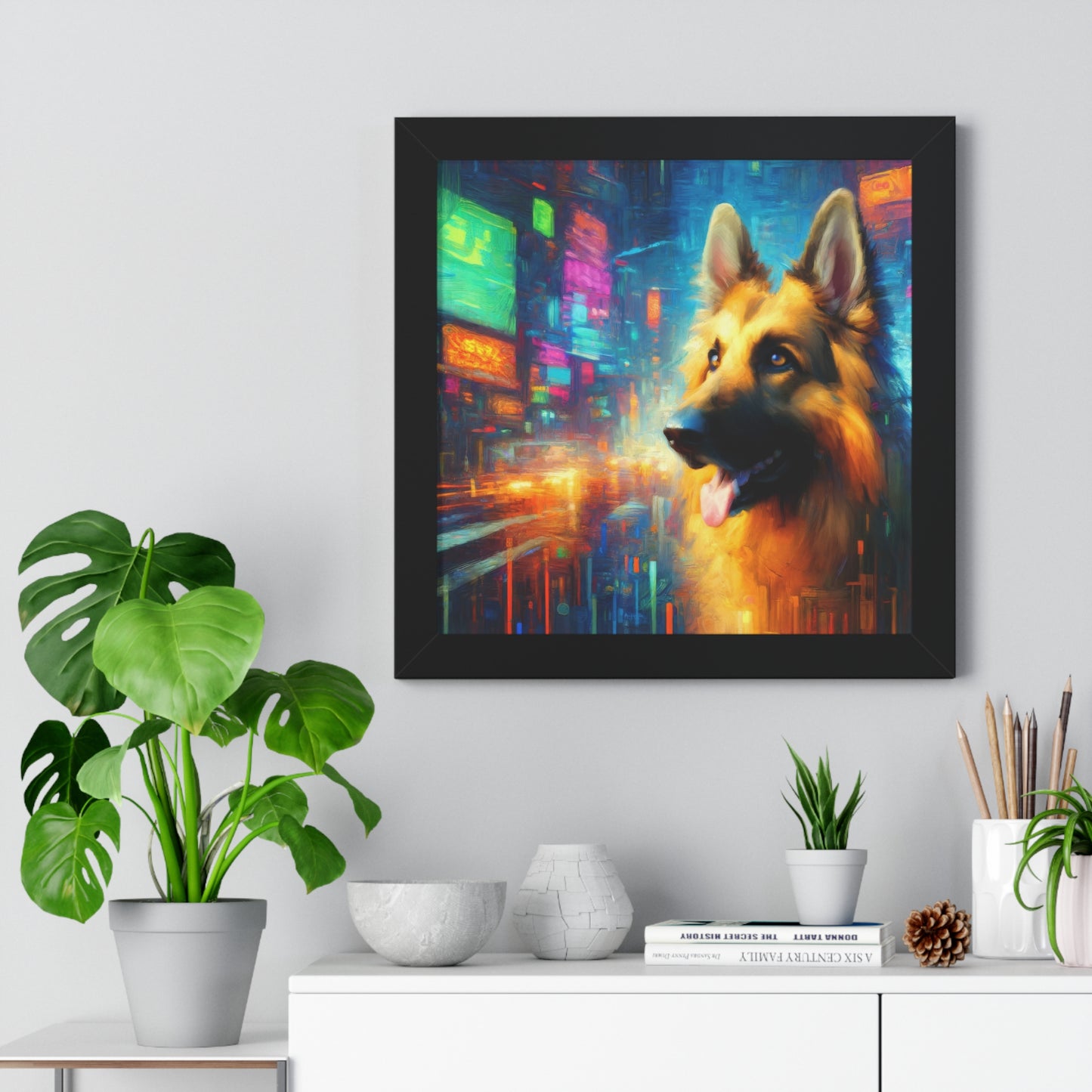 Impressionism meets cyberpunk German Shepherd Framed Poster Painting 16x16