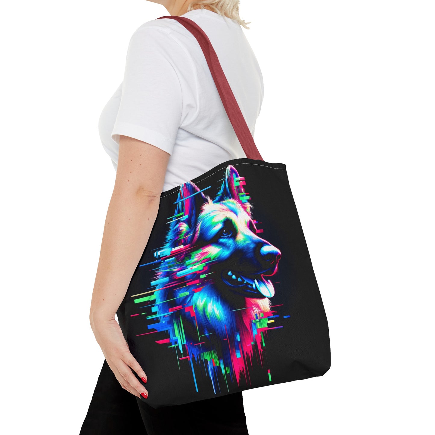 Glitch art and neon graffiti German Shepherd Tote Bag