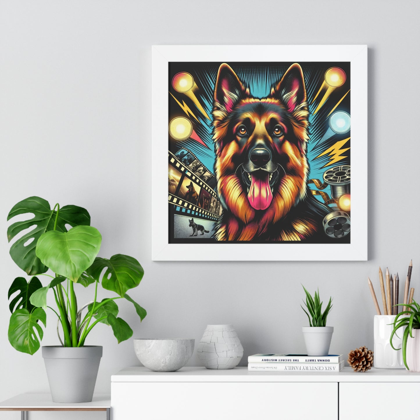 Comic book style German Shepherd Framed Poster Painting 16x16