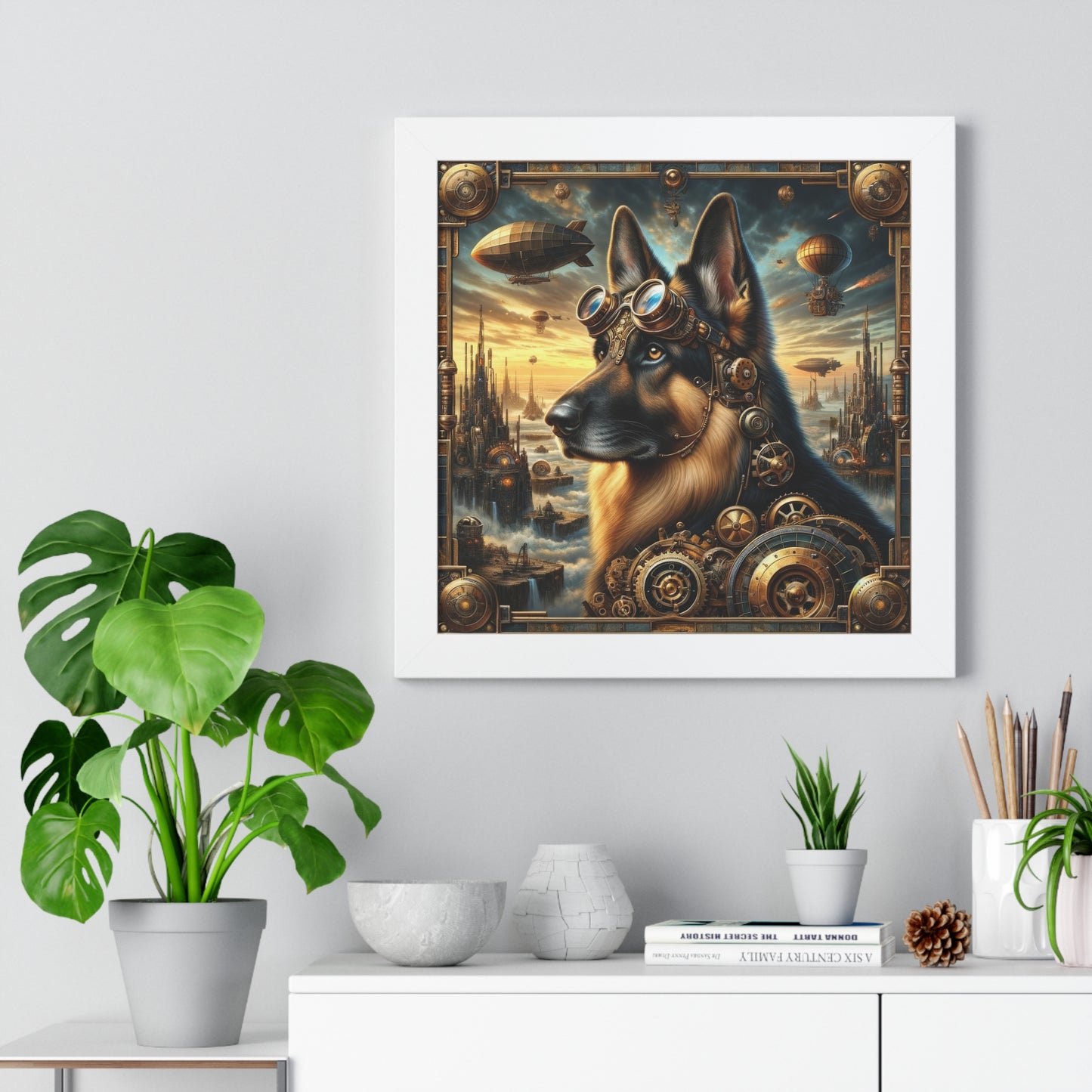 Steampunk Fantasy German Shepherd Framed Poster Painting 16x16