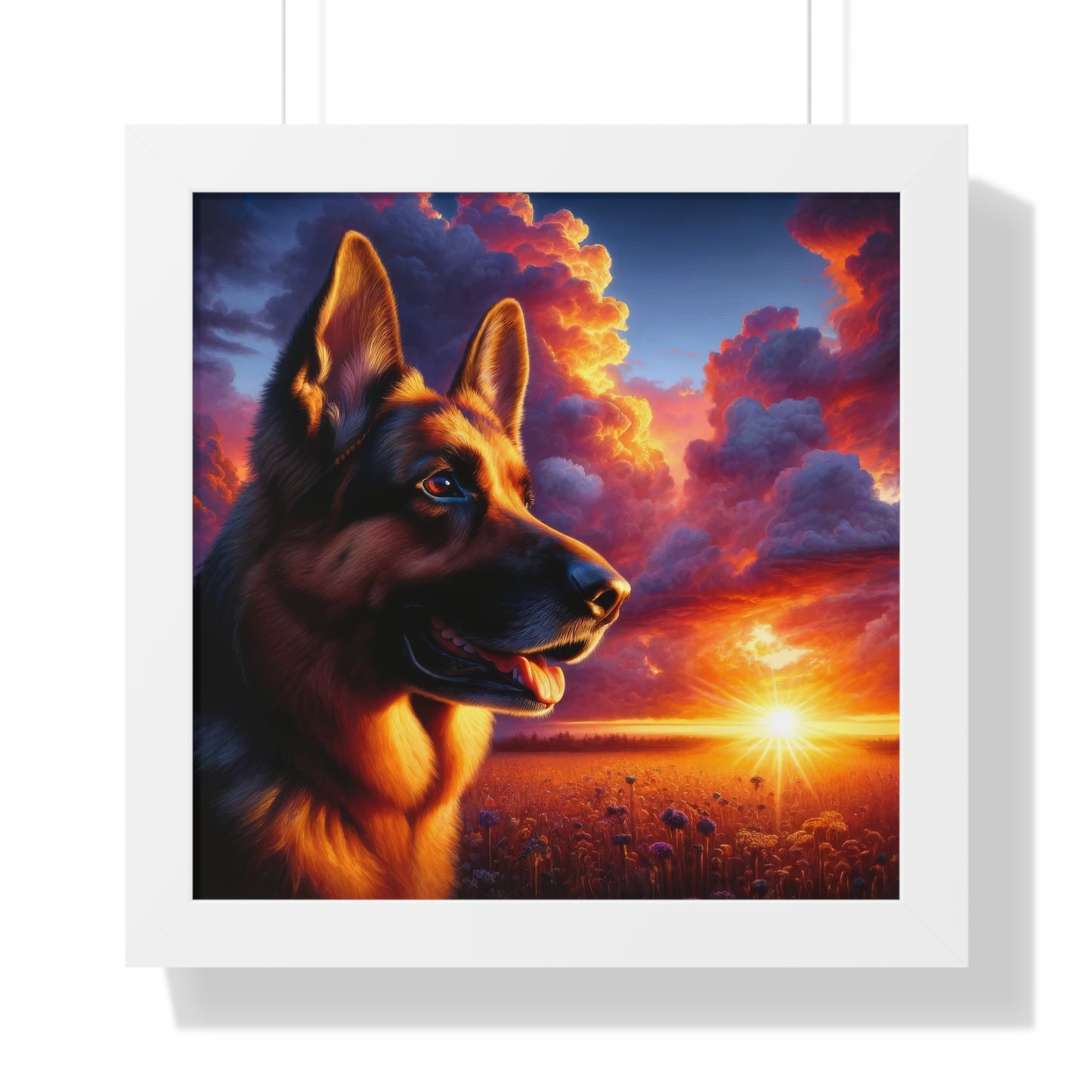 German Shepherd Watching a sunset Framed Poster Painting 16x16