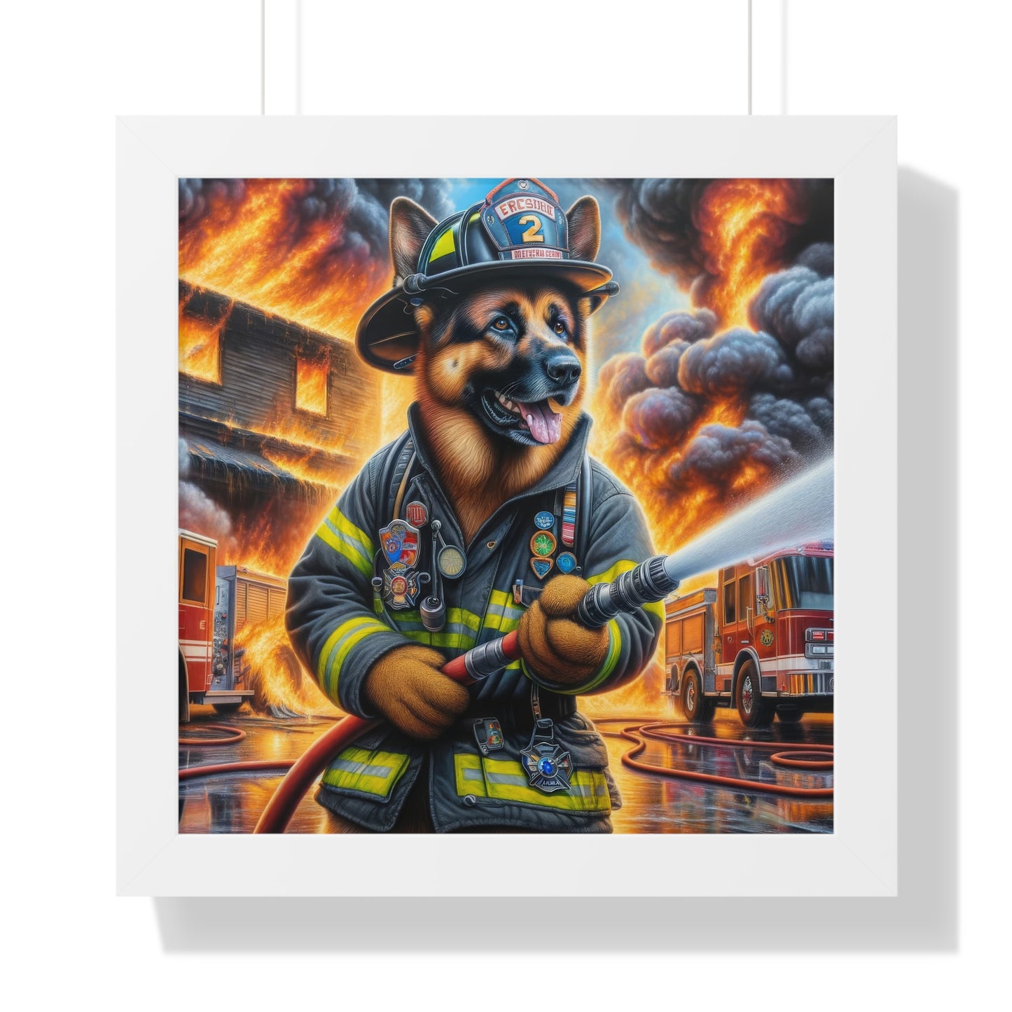 German Shepherd Fire Fighter Framed Poster Painting 16x16