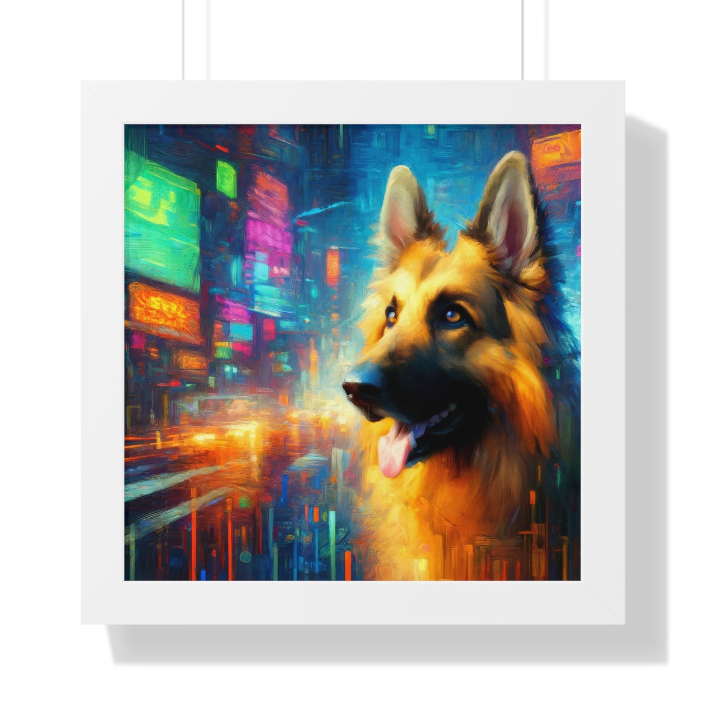 Impressionism meets cyberpunk German Shepherd Framed Poster Painting 16x16