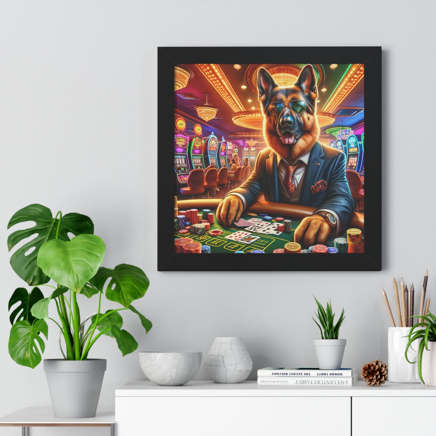 German Shepherd Playing Poker Framed Poster Painting 16x16