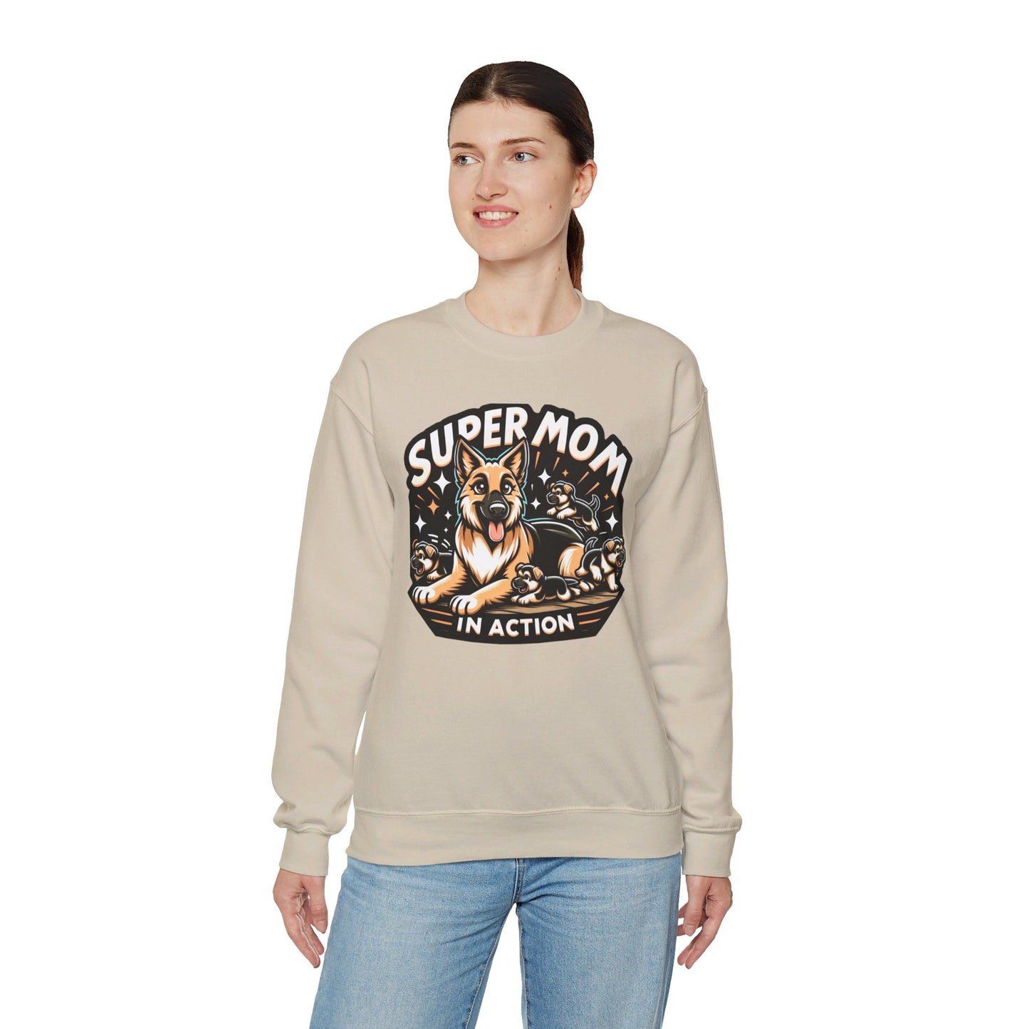 Super Mom in Action Sweatshirt (10 colors) (German Shepherd)