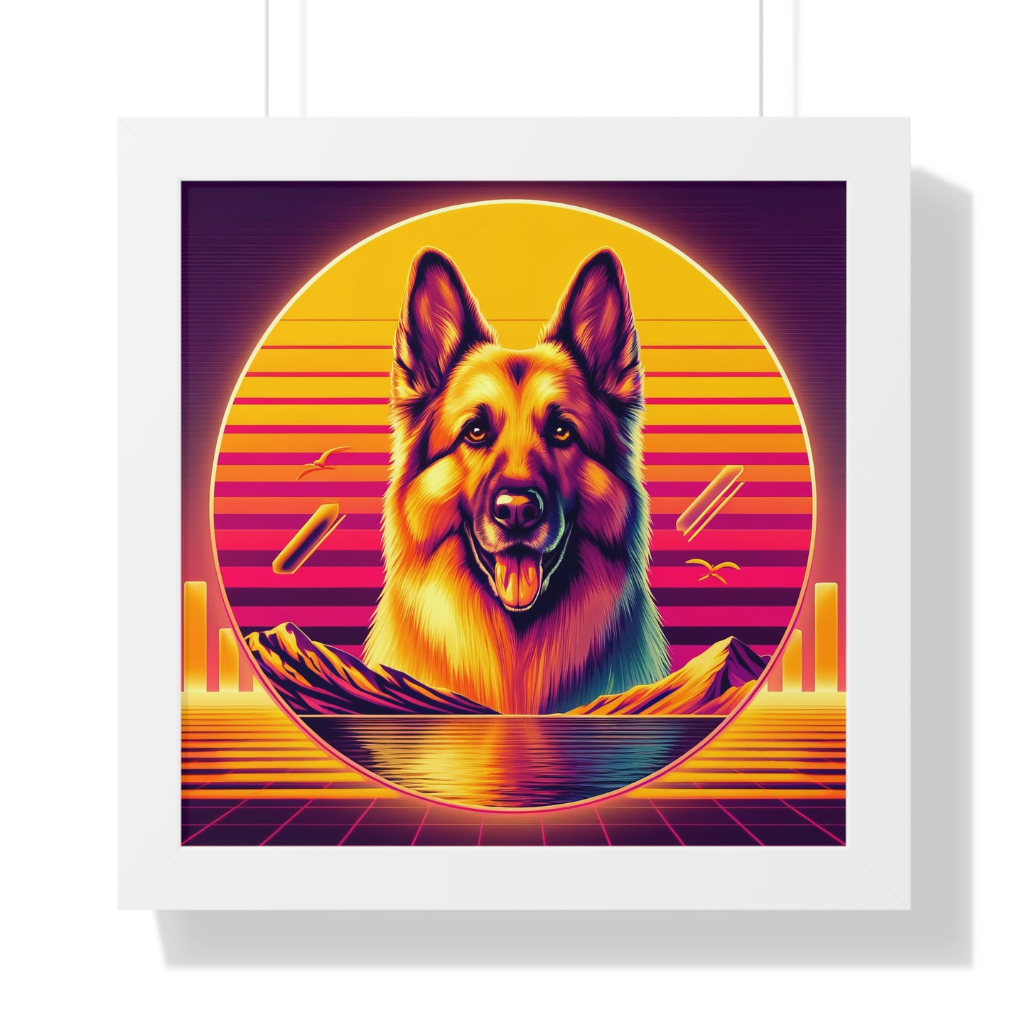 Vaporwave and golden hour German Shepherd Framed Poster Painting 16x16