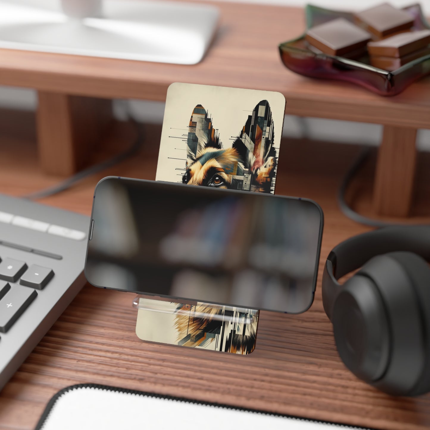 Constructivist and dadaist German Shepherd Smartphone Stand