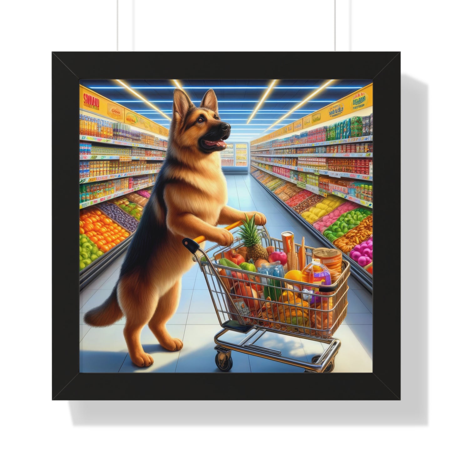 German Shepherd Shopping Framed Poster Painting 16x16