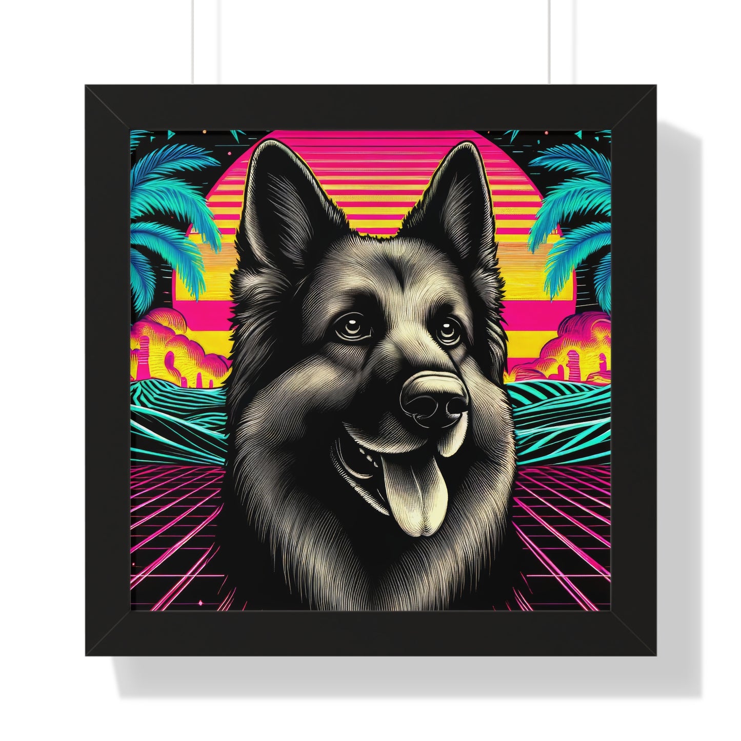 Scratchboard and vaporwave German Shepherd Framed Poster Painting 16x16