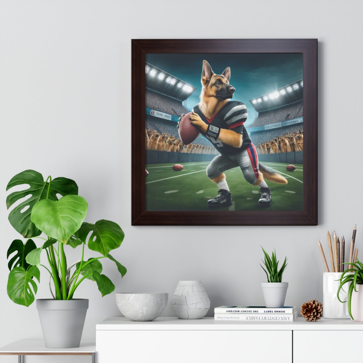 German Shepherd Playing Football Framed Poster Painting 16x16