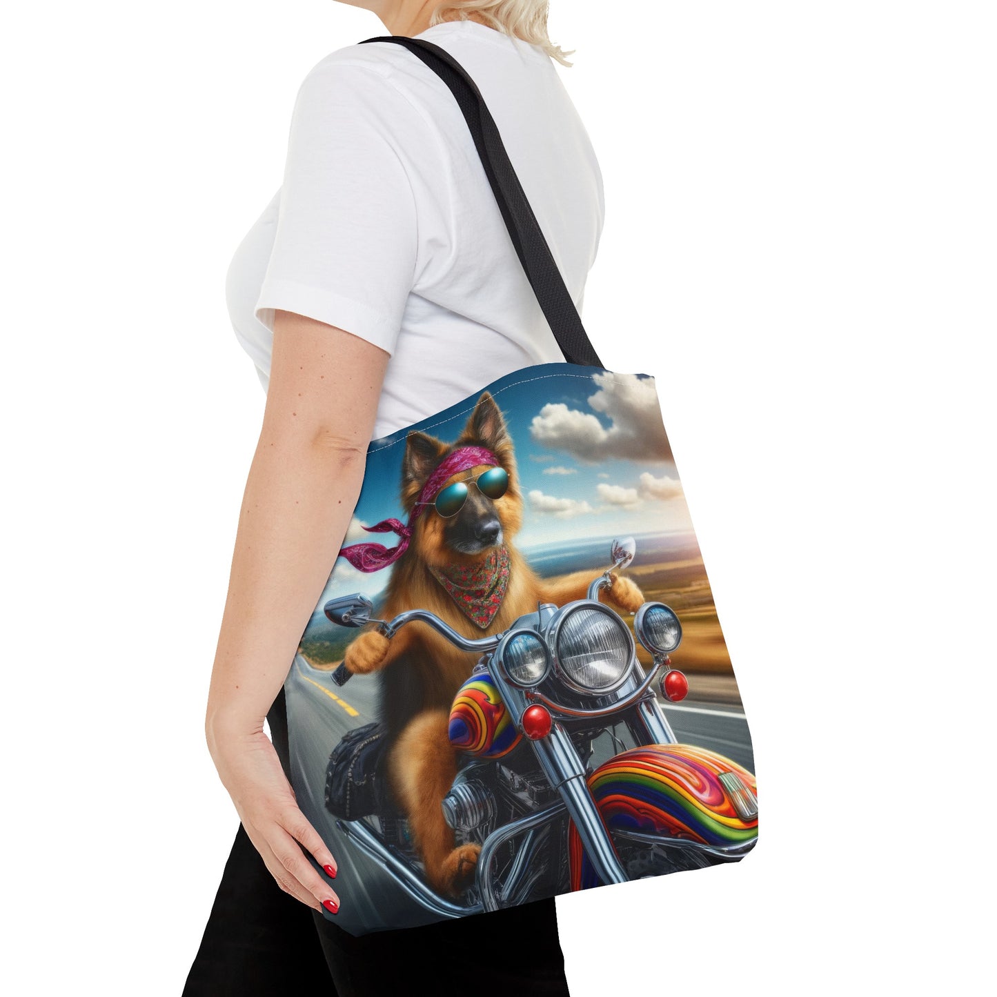 German Shepherd Riding a Motorcycle Tote Bag