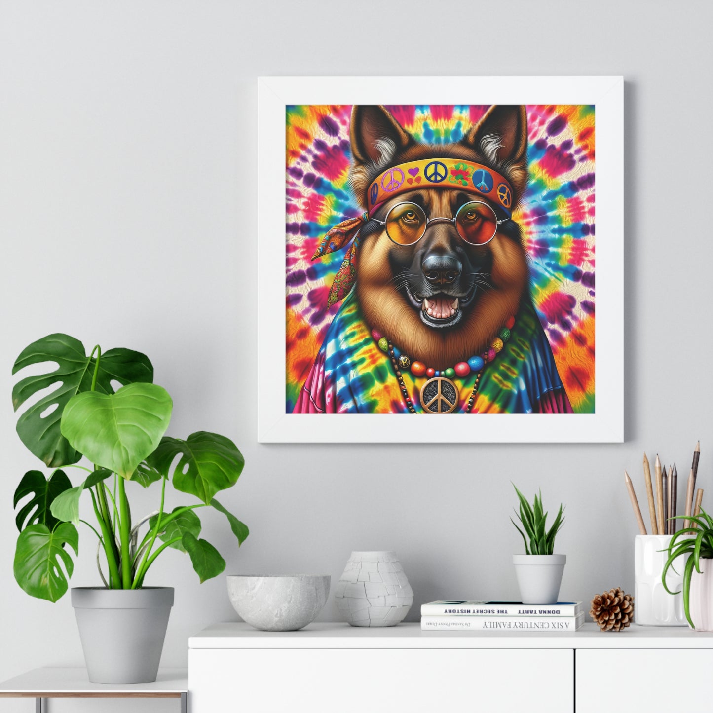 Hippie German Shepherd Framed Poster Painting 16x16