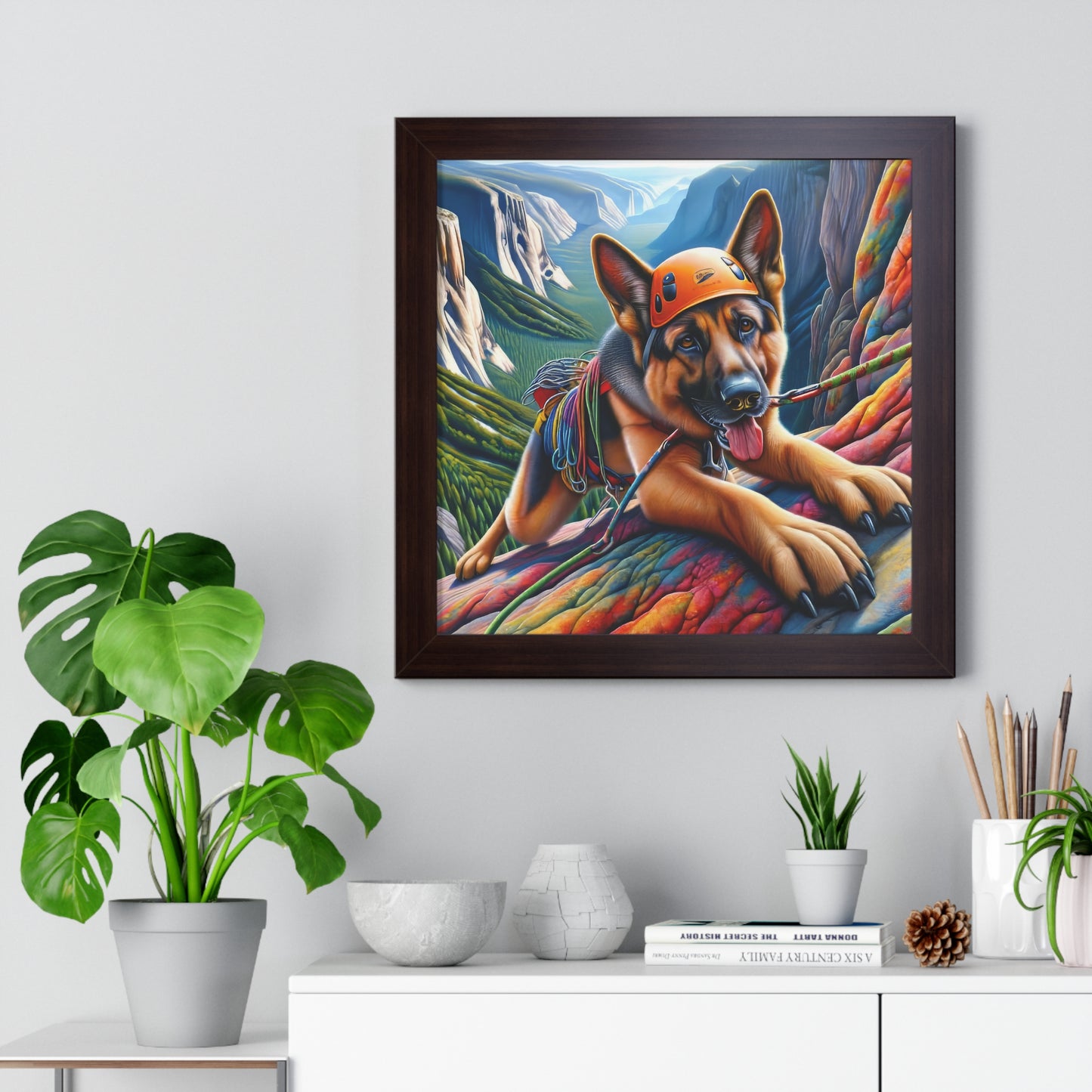 German Shepherd Rock climbing Framed Poster Painting 16x16