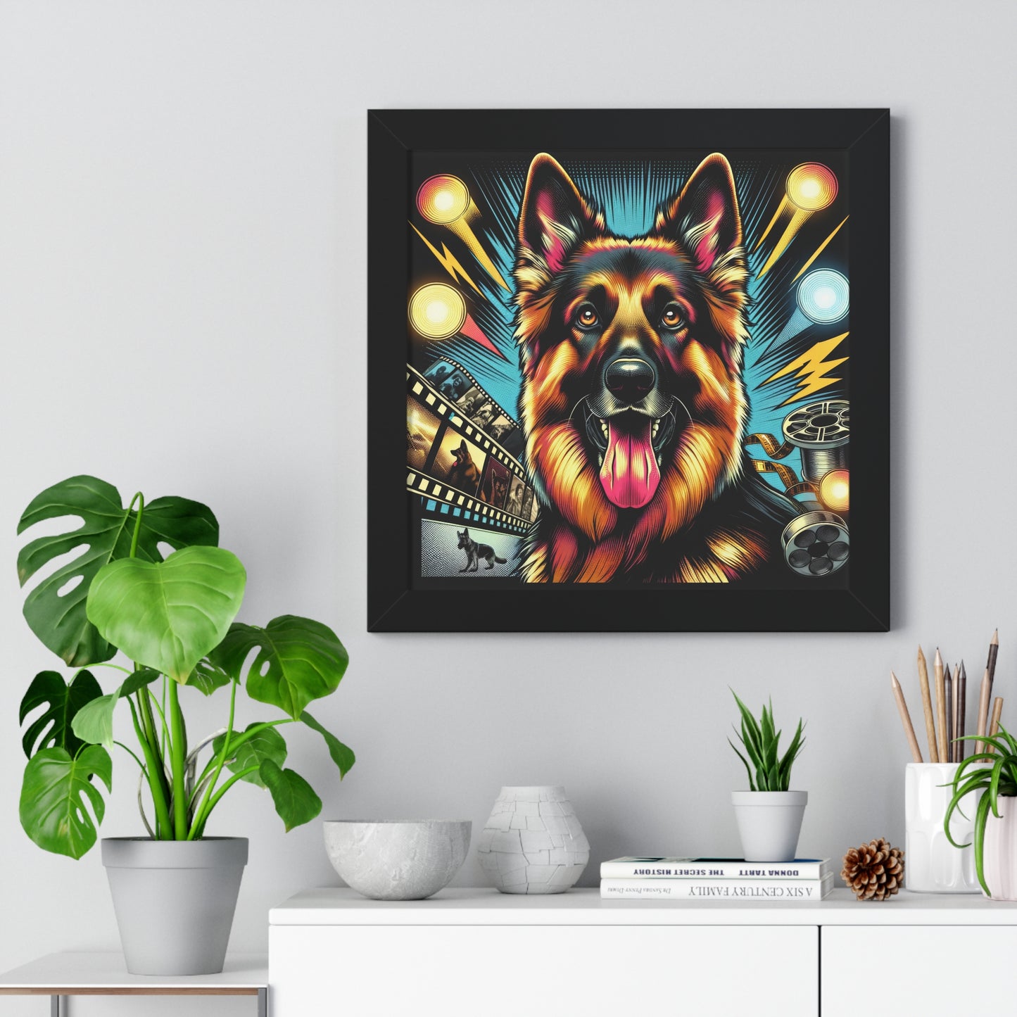 Comic book style German Shepherd Framed Poster Painting 16x16