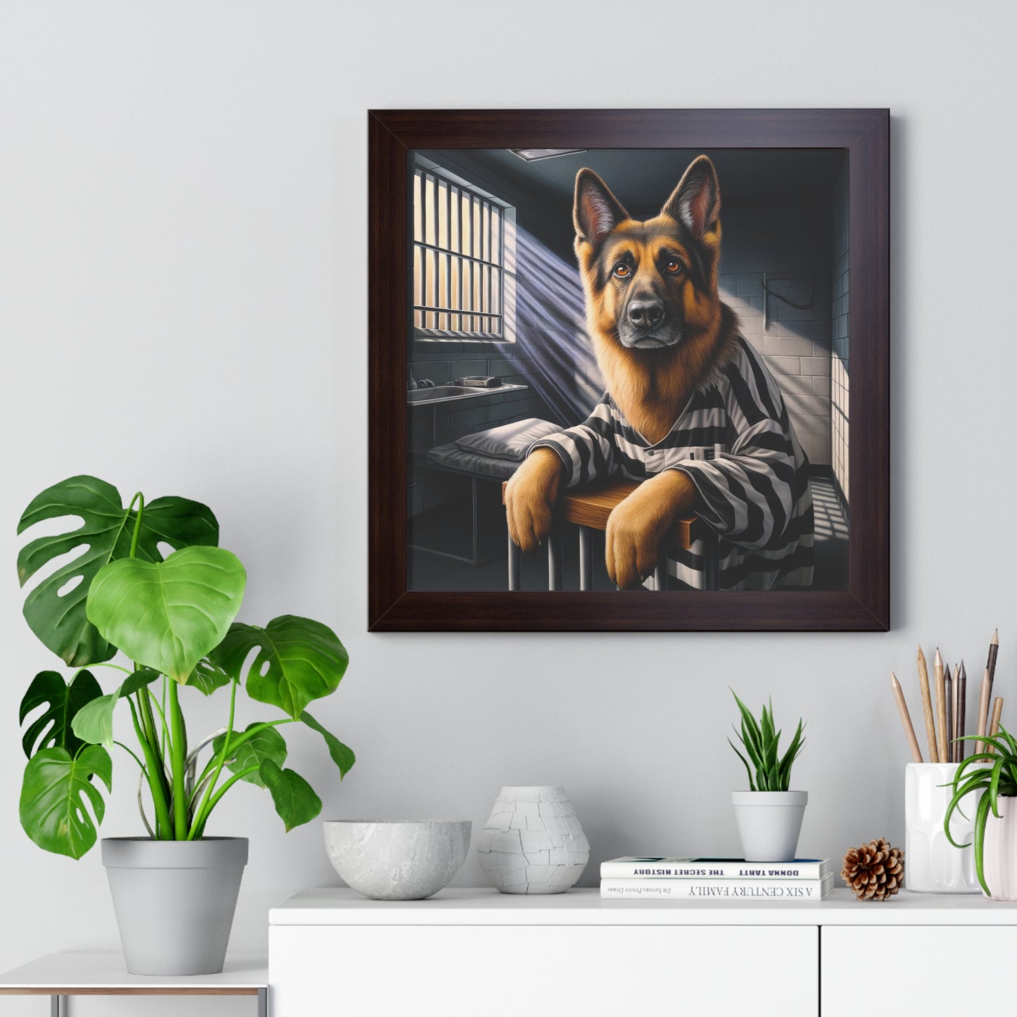 German Shepherd as a prisoner Framed Poster Painting 16x16