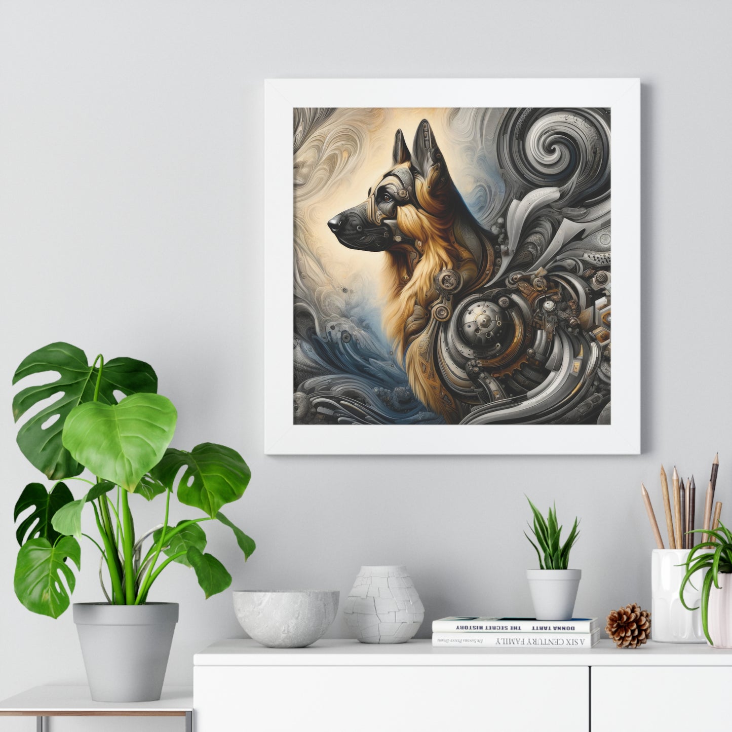 Byzantine, charcoal, and cybernetic German Shepherd Framed Poster Painting 16x16