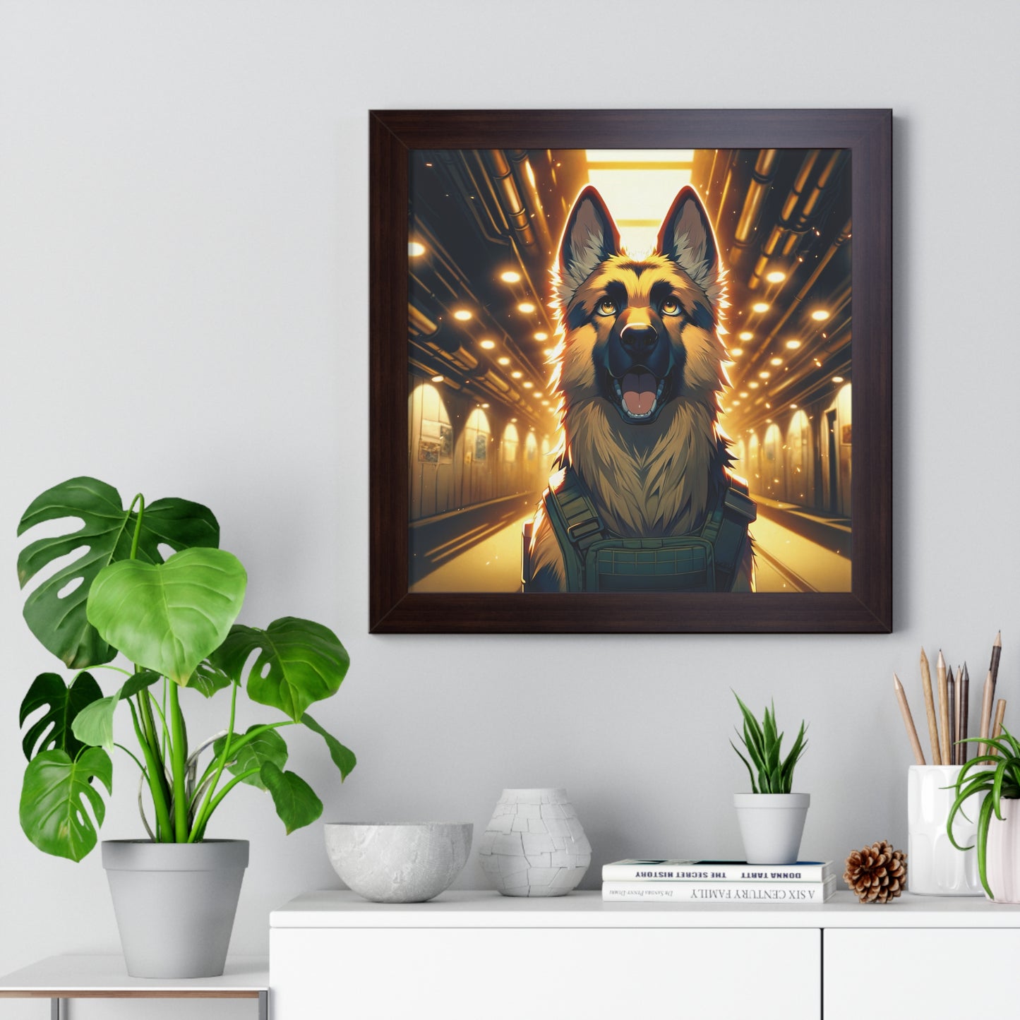 Anime German Shepherd Framed Poster Painting 16x16