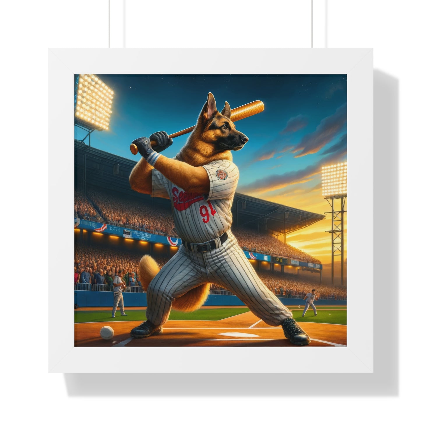 German Shepherd Playing Baseball Framed Poster Painting 16x16