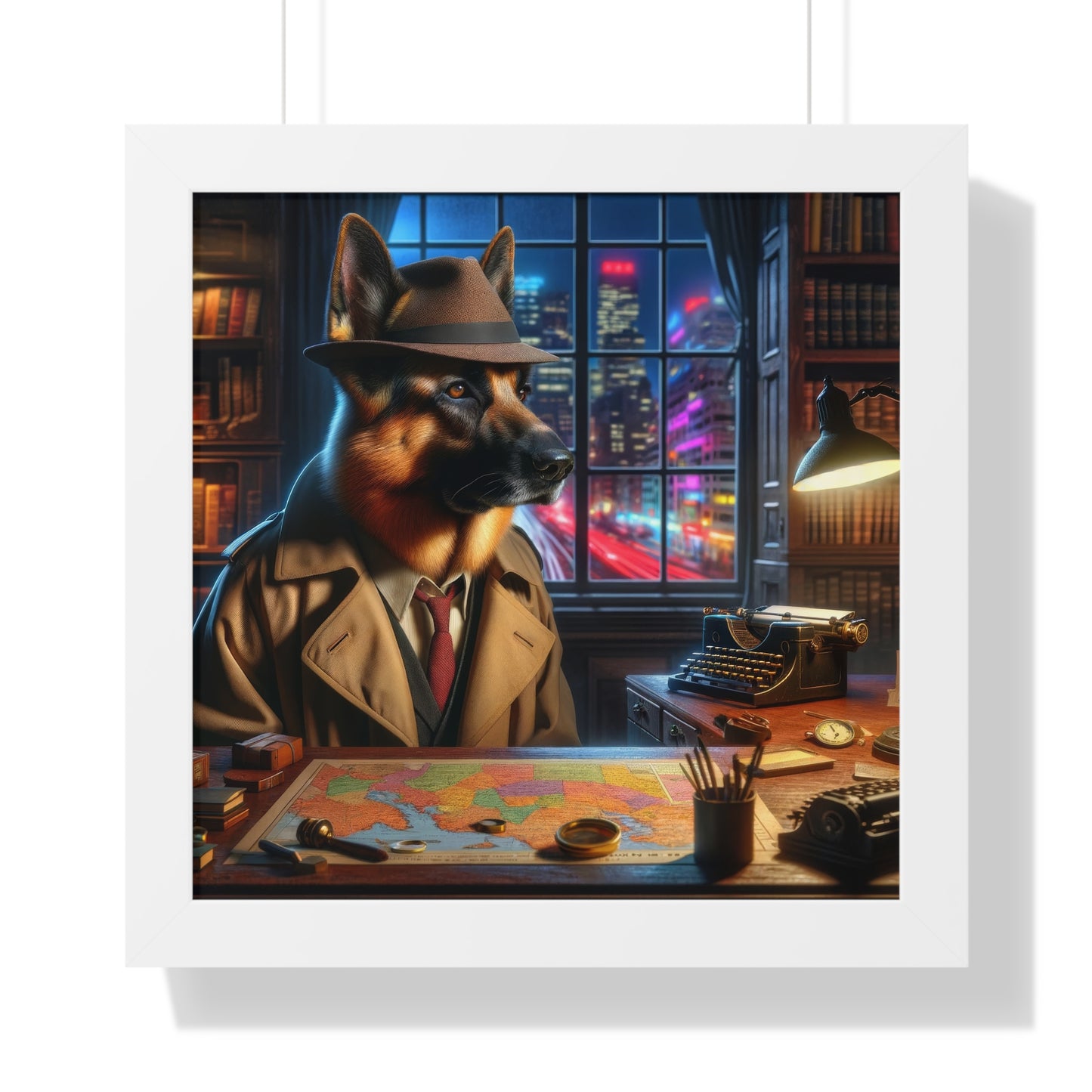 German Shepherd Detective Framed Poster Painting 16x16