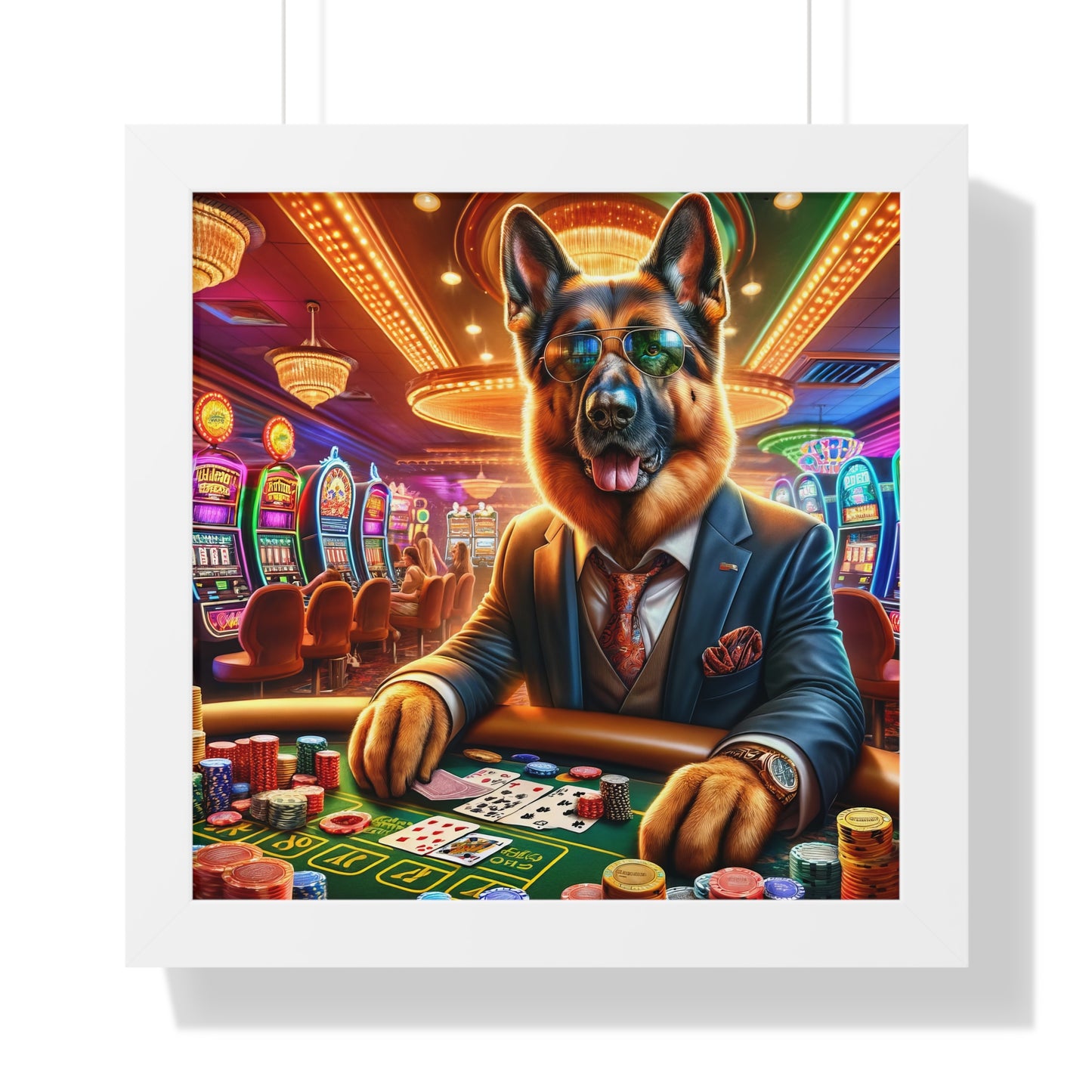 German Shepherd Playing Poker Framed Poster Painting 16x16